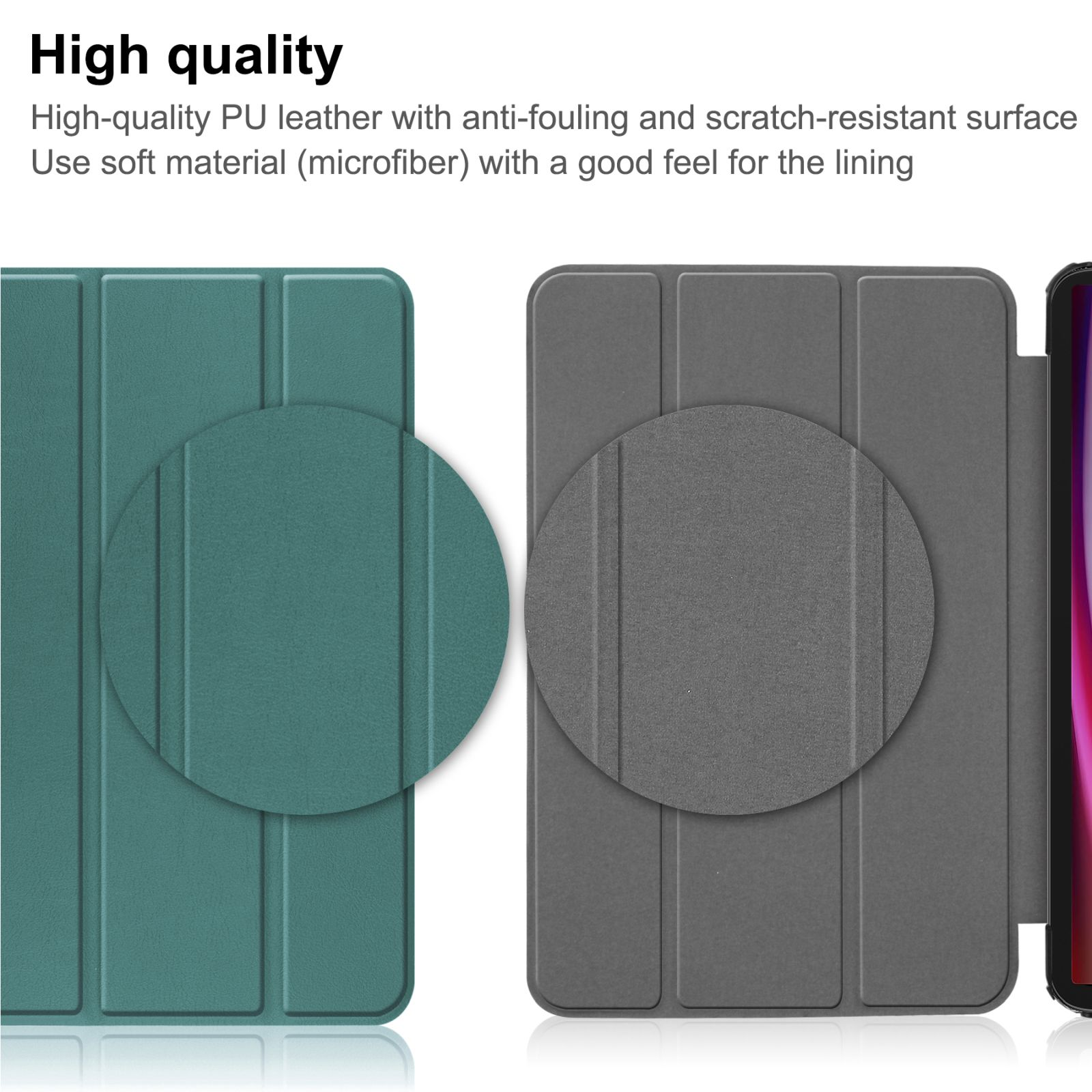 Grüne und graue Tablet-Hüllen mit Nahaufnahme der Materialstruktur, weißer Hintergrund.