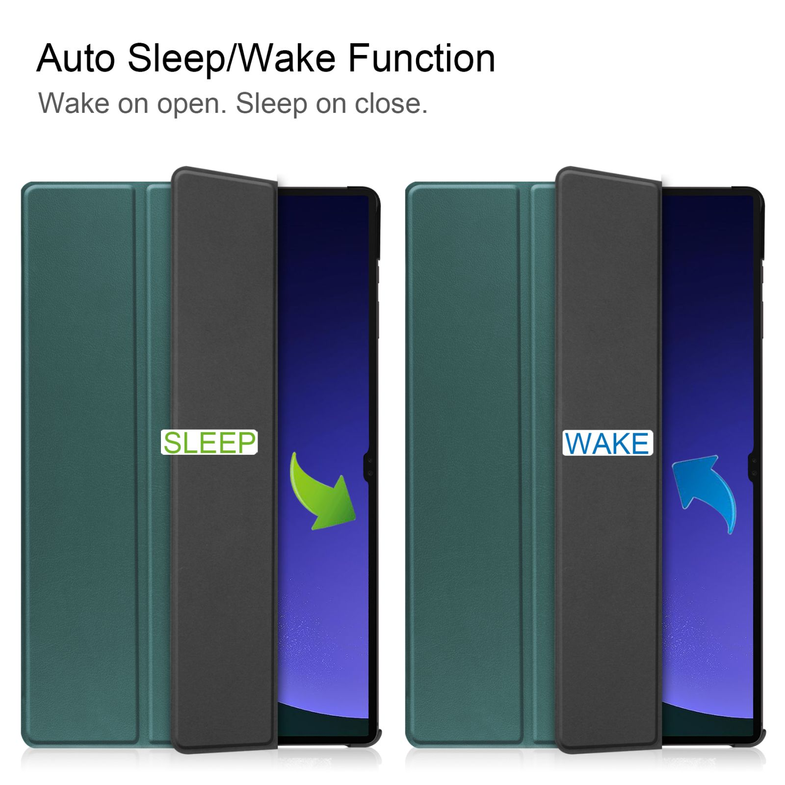 Zwei Tablet-Hüllen, offen und geschlossen, mit den Beschriftungen 'SLEEP' und 'WAKE' mit Pfeilen.