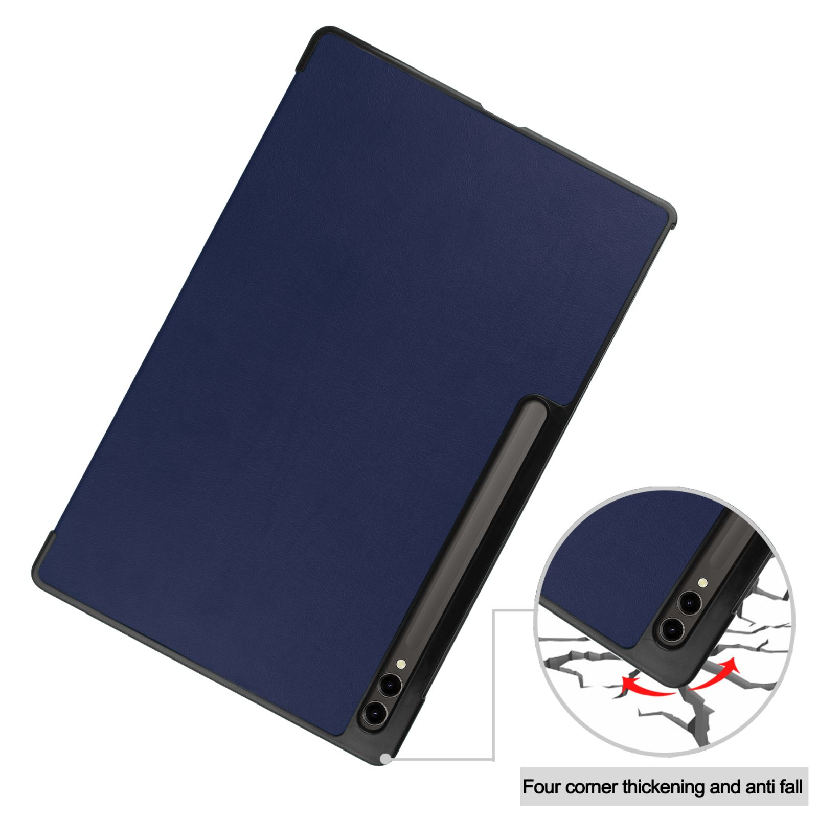 Eine blaue Tablet-Hülle mit Stifthalter. Eine Nahaufnahme zeigt die Ecken und ein Sturzschutzdetail.