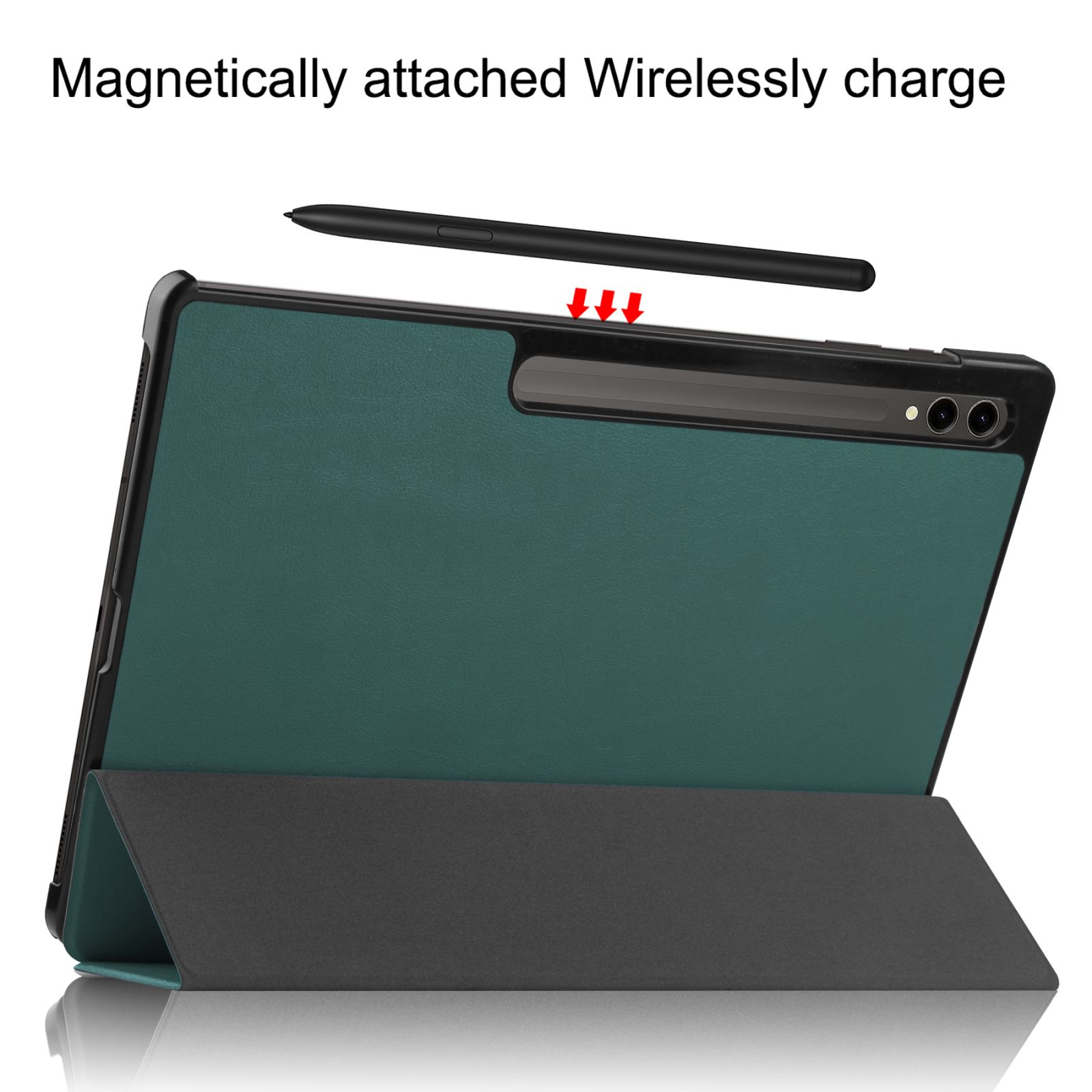 Ein Tablet mit grüner Hülle und Stift, Text sagt magnetisch befestigt und kabellos laden.