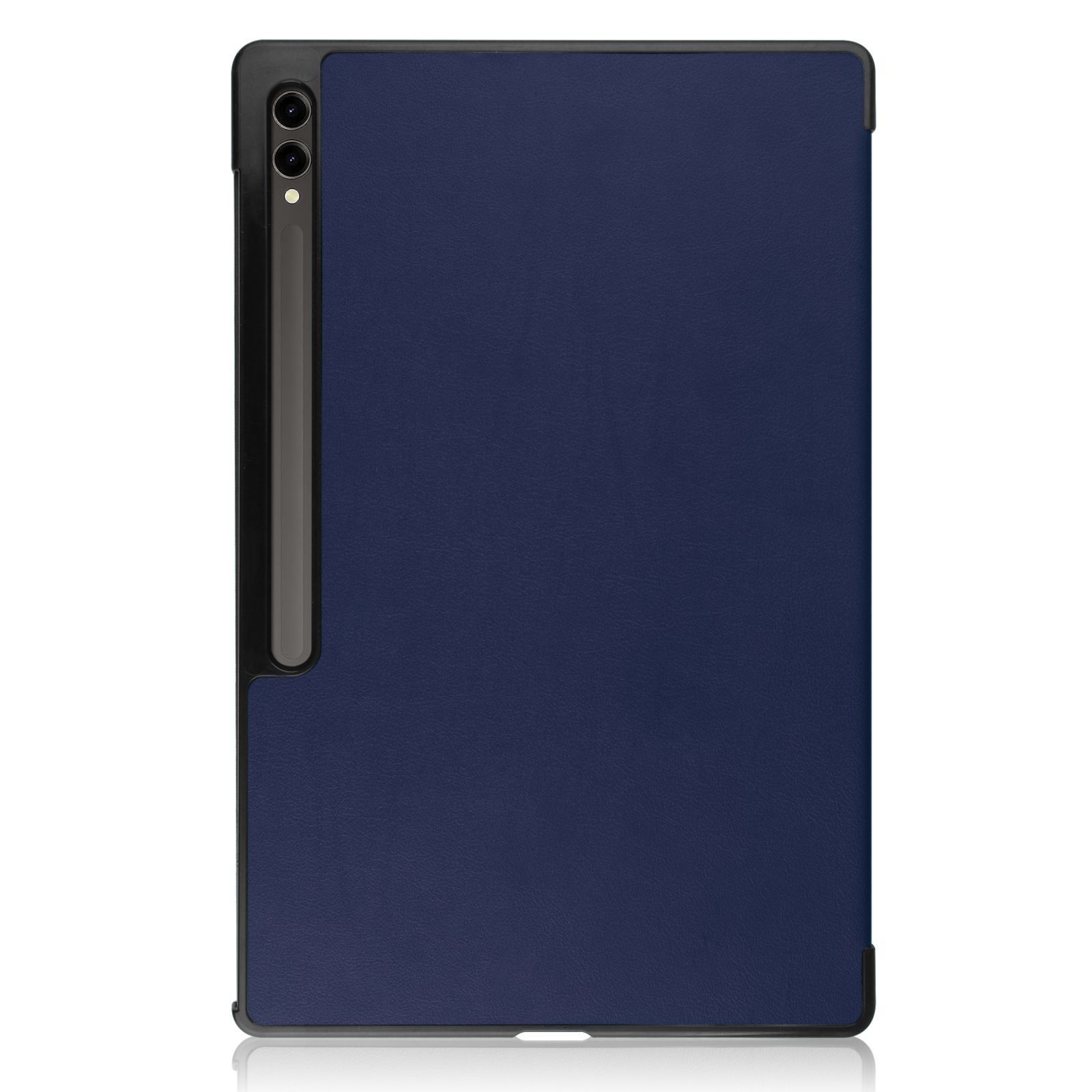 Tablet-Hülle in Dunkelblau mit schwarzem Rahmen und Stifthalter.