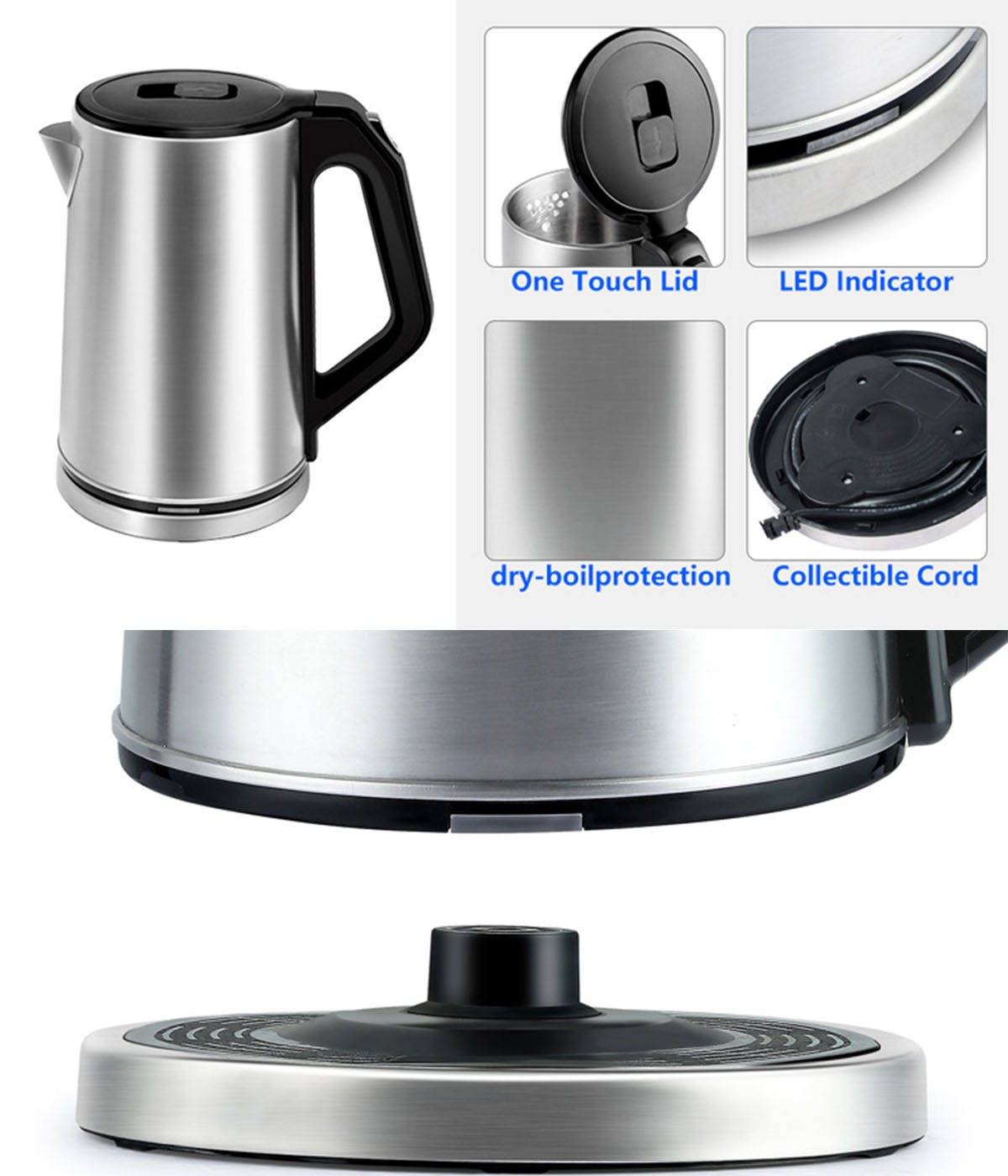 Wasserkocher mit Detailansichten: Deckel, LED-Anzeige, Trockengehschutz, Kabel.