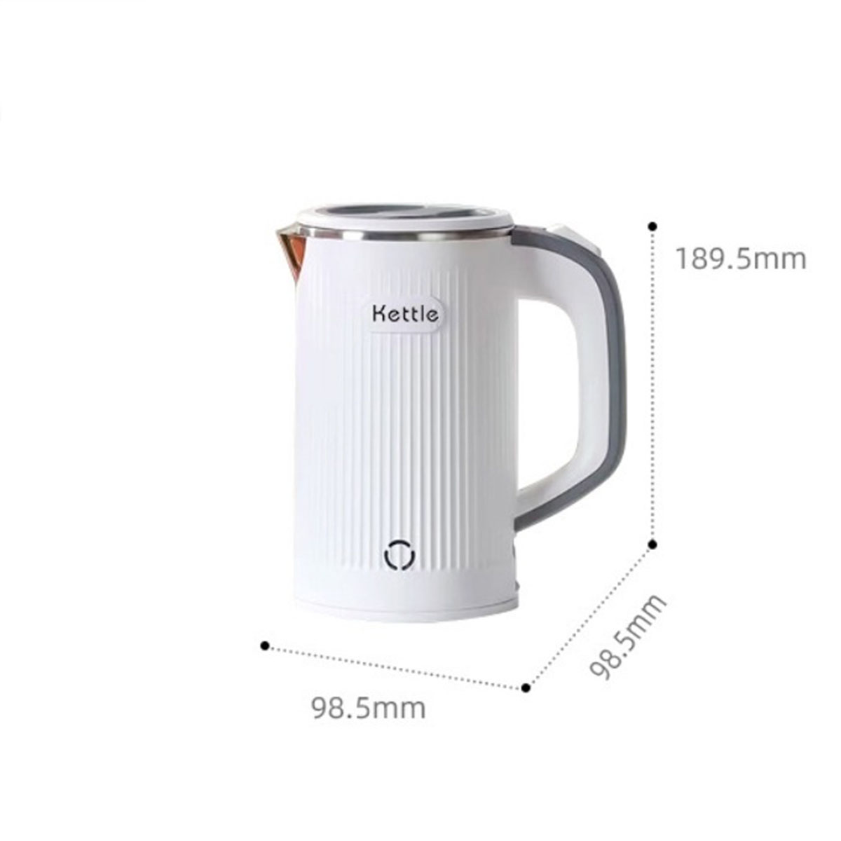 Weißer Wasserkocher mit grauem Griff und schwarzem Stromsymbol. Maße sind angegeben.