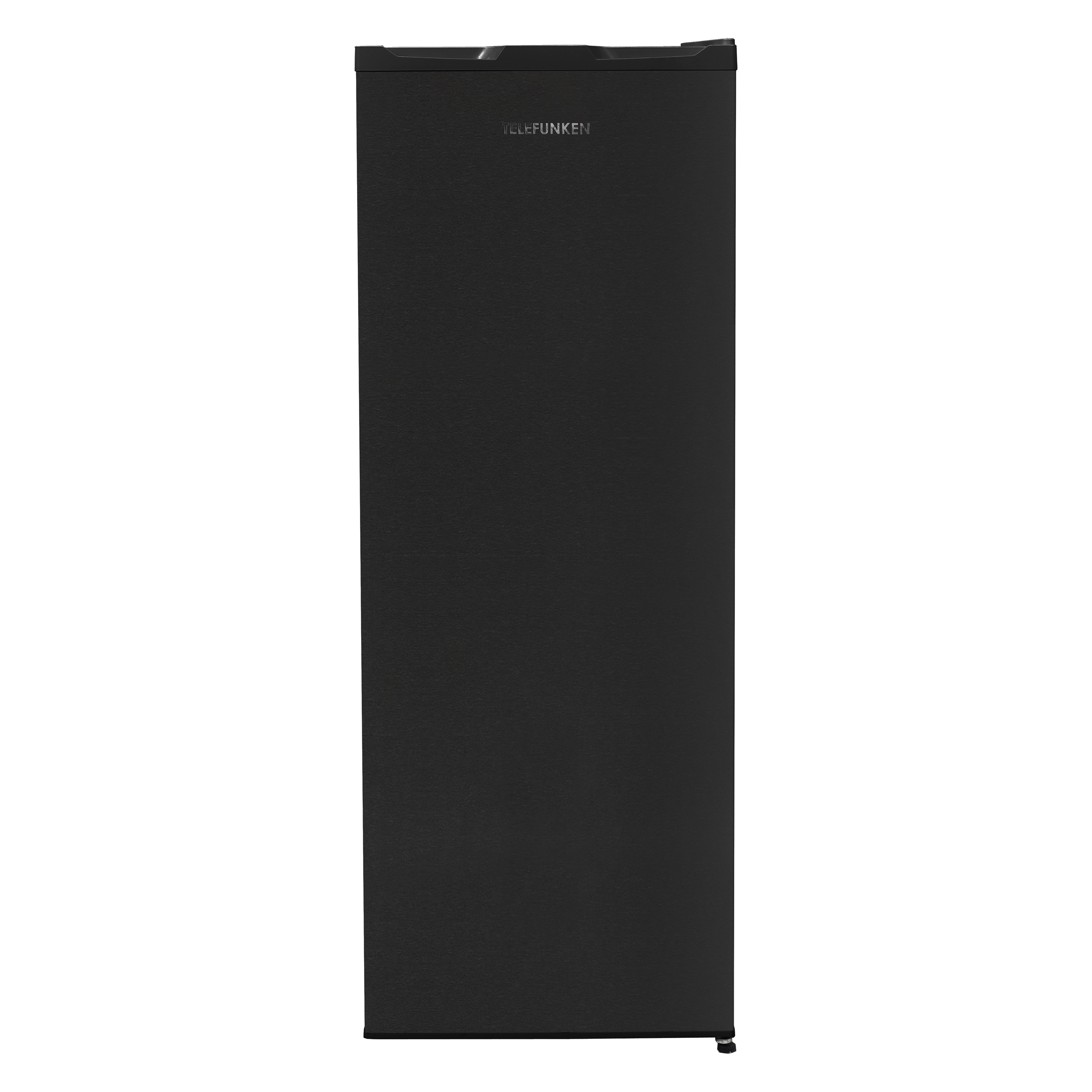 Schwarzer Kühlschrank. Der Markenname TELEFUNKEN ist auf der Vorderseite des Kühlschranks sichtbar.