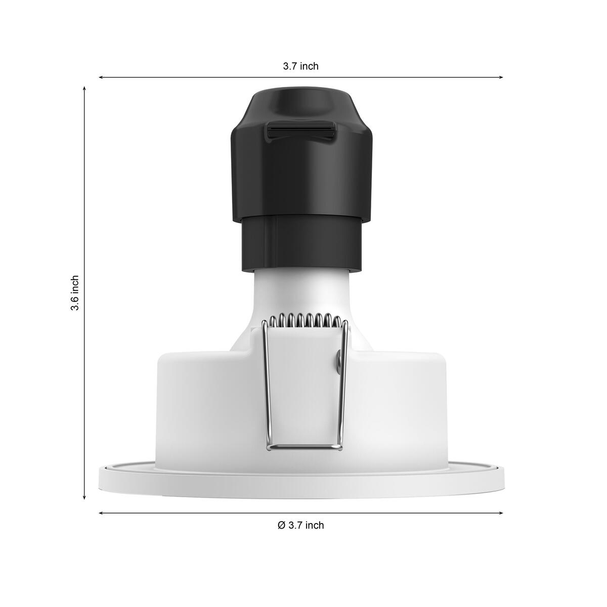 Un apparecchio di illuminazione cilindrico bianco, parte superiore nera e dimensioni elencate.