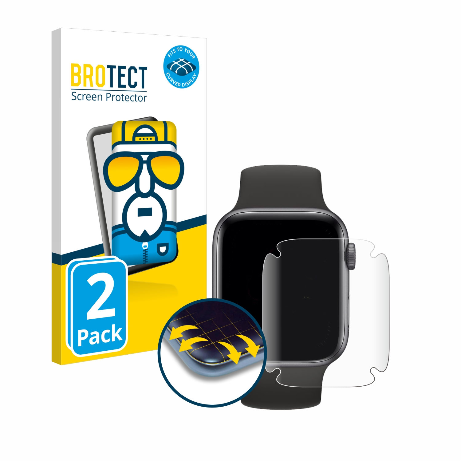 Displayschutzfolienpackung neben einer Smartwatch. Die Verpackung zeigt eine Zeichentrickfigur.