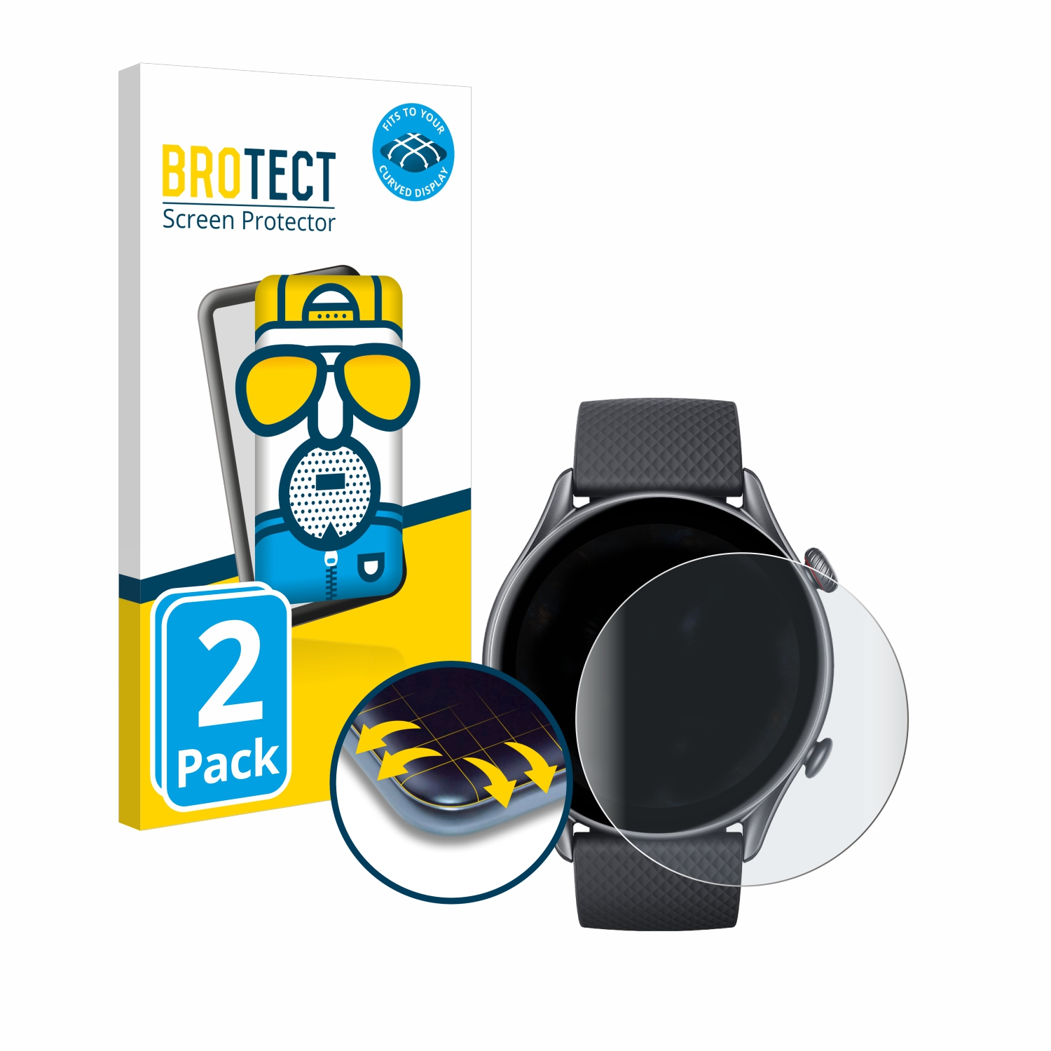 Schwarze Smartwatch mit Displayschutz. Box links. Grafik für gewölbtes Display. Weißer Hintergrund.