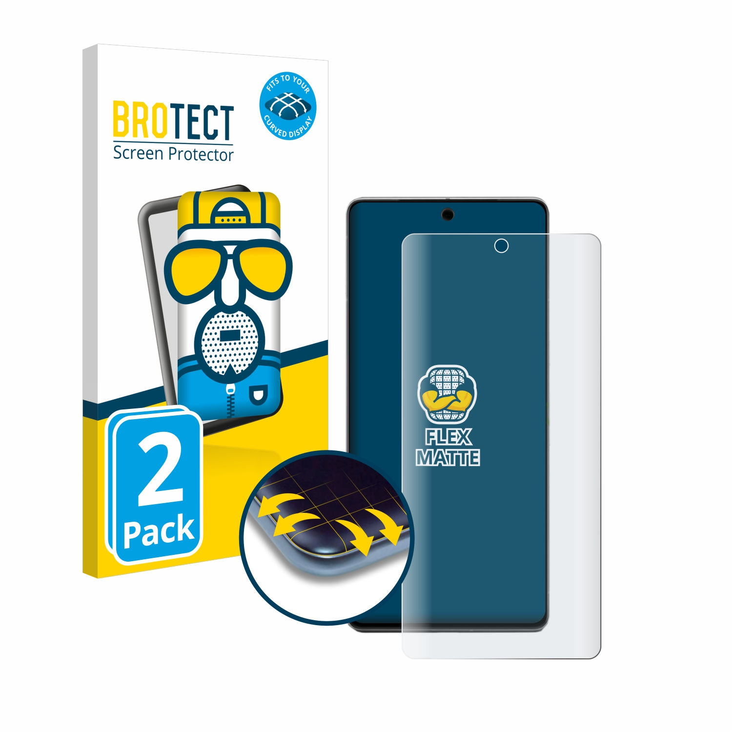 Handy-Displayschutzfolien-Set mit Handy, Verpackung und Nahaufnahme der Kante.