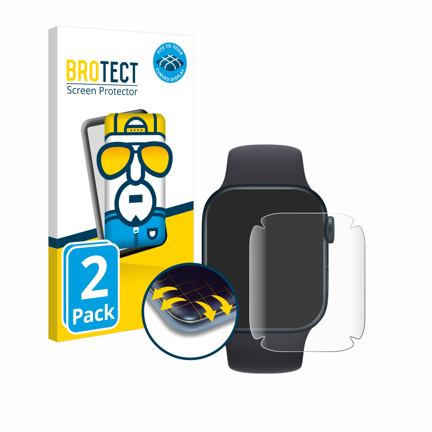 Eine Smartwatch mit Displayschutzfolienbox und Schutz, auf weißem Hintergrund. Dunkelgrau mit Rechteck.