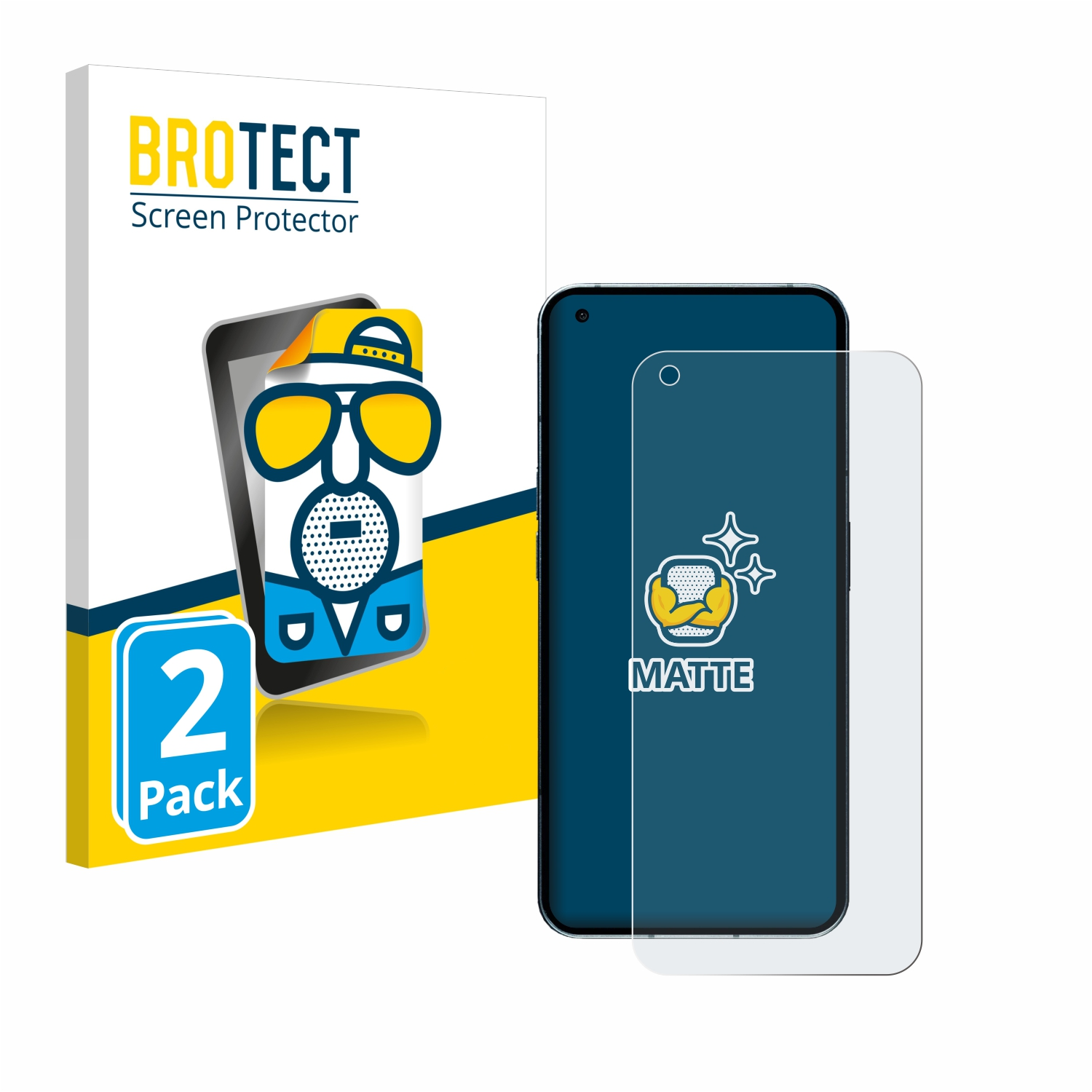 Ein Telefon mit Displayschutzfolienbox und Schutz, auf weißem Hintergrund. Blaues Telefon mit Kreisausschnitt.