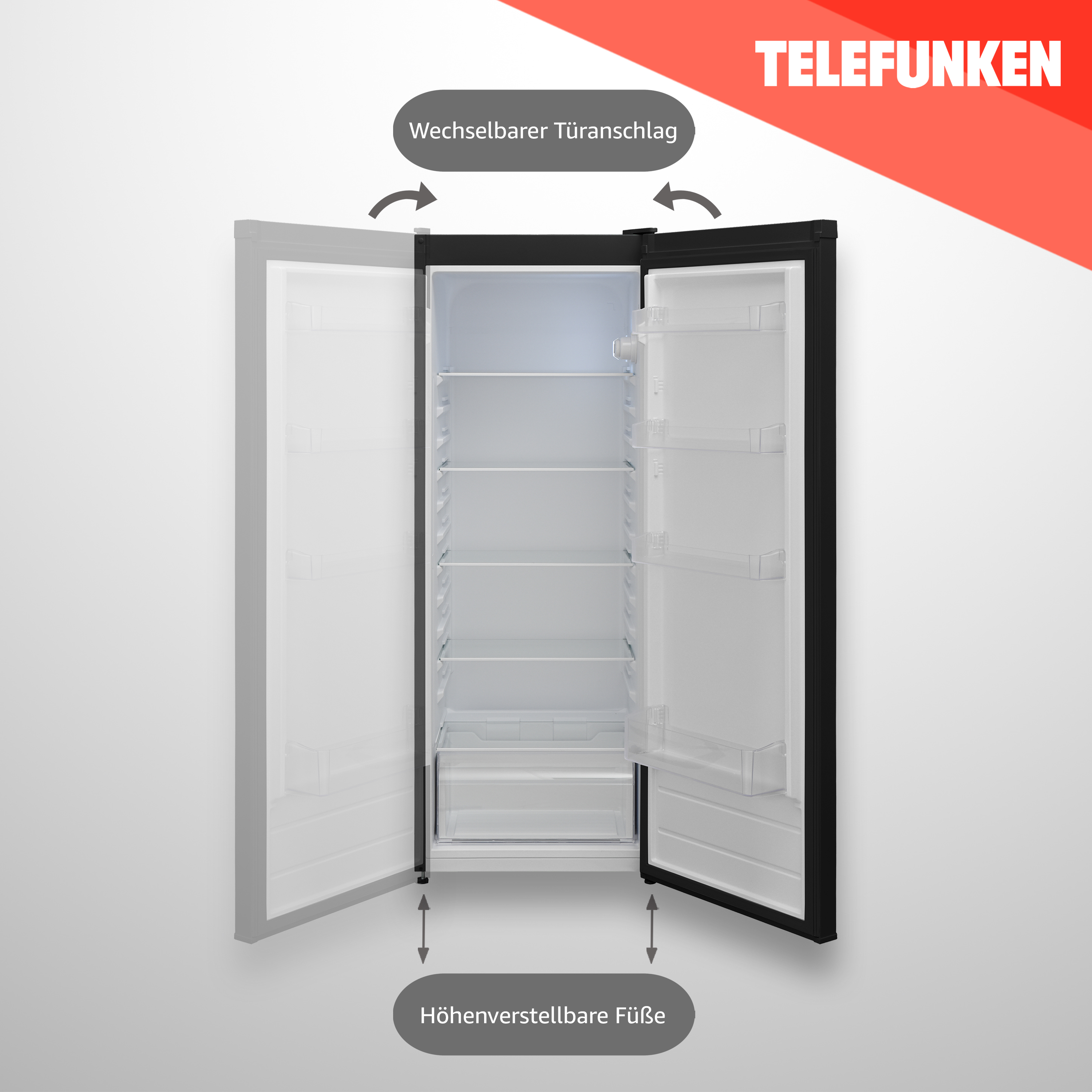 Offener Kühlschrank, zeigt Regale und Schubladen.
