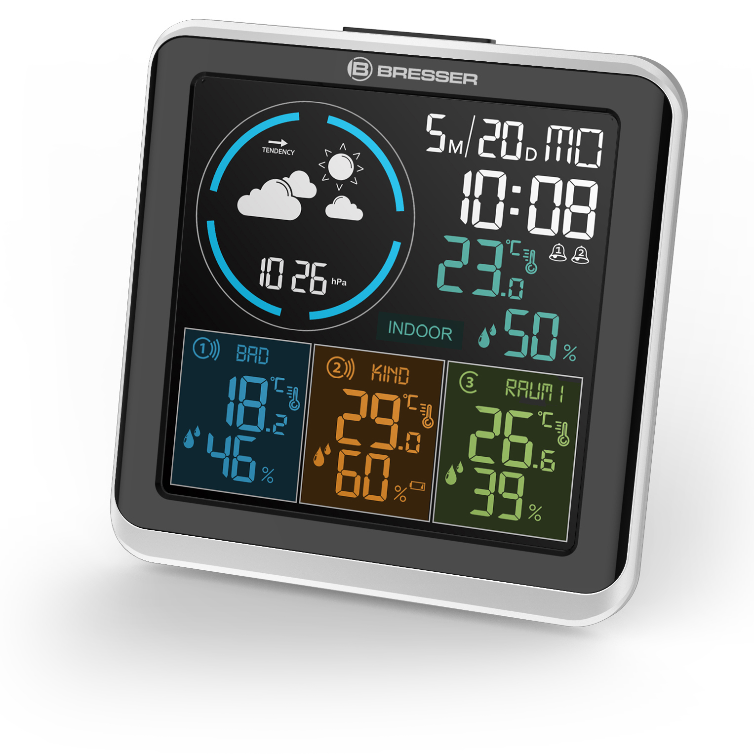 Eine digitale Wetterstation mit mehreren Anzeigebereichen: Temperatur, Luftfeuchtigkeit und Wettersymbole.