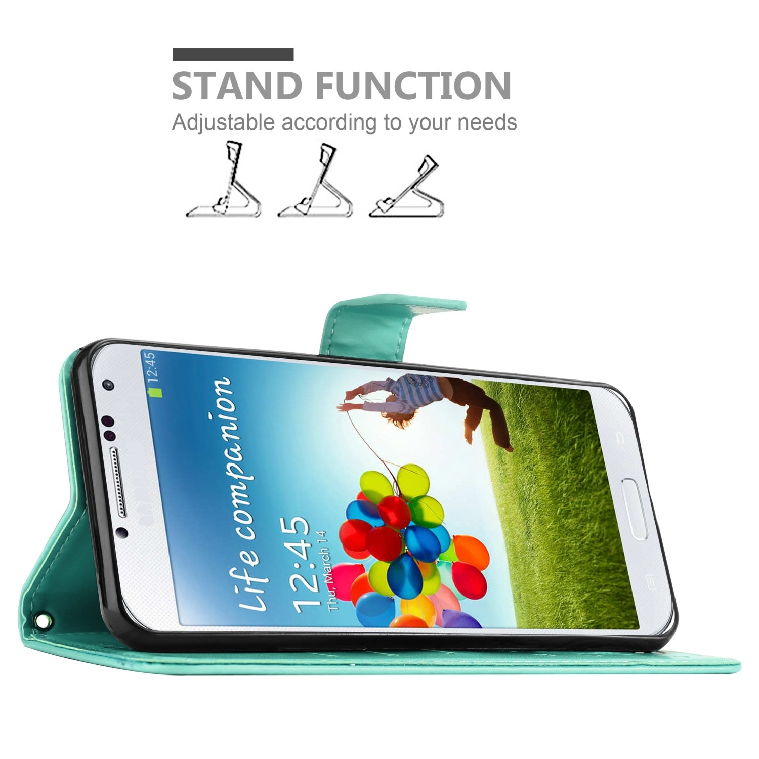 Una custodia per telefono turchese con un telefono che mostra un'immagine colorata, con grafica della funzione di supporto.