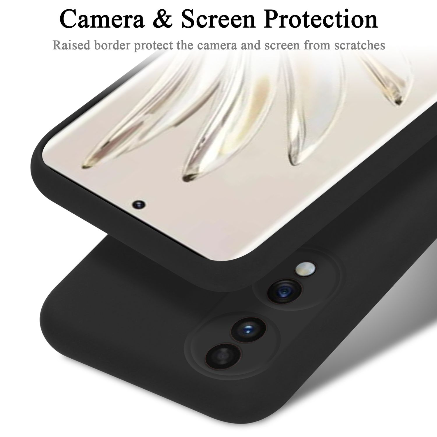 Schwarze Handyhülle mit Kameraausschnitt und weißem Displayschutz, Text: 'Camera & Screen Protection'.