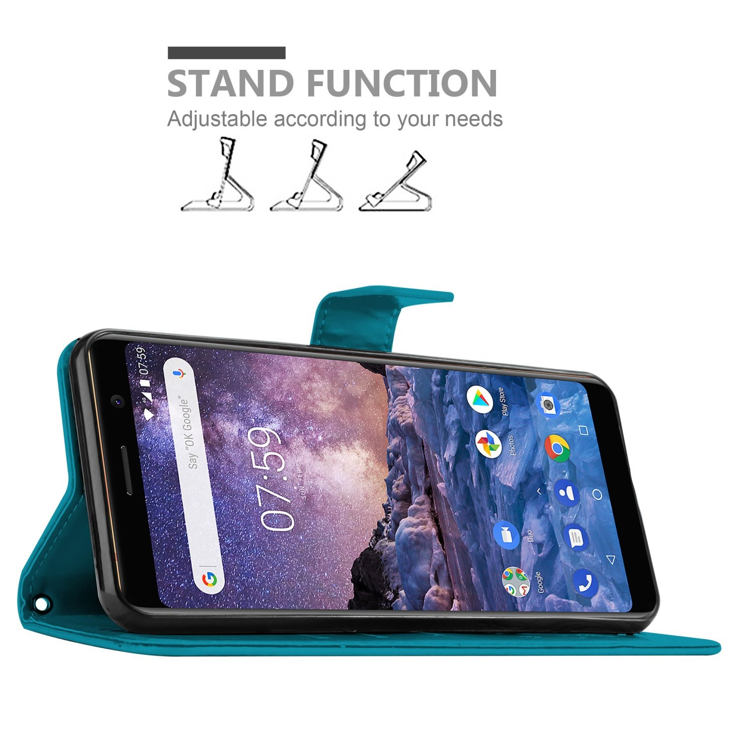 Custodia del telefono verde acqua con telefono aperto, che mostra lo schermo. Opzioni funzione supporto sopra.