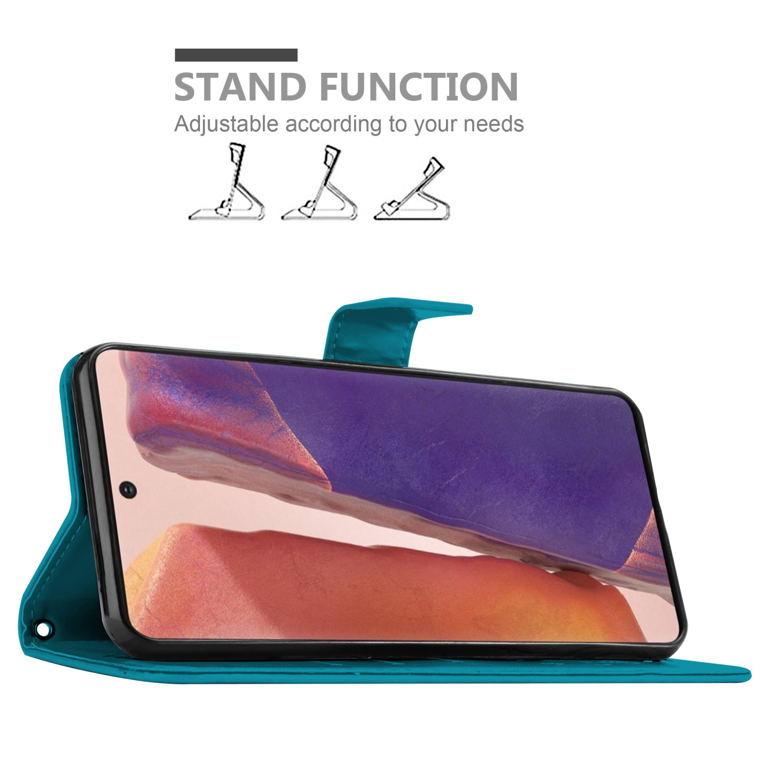 Una custodia per telefono verde acqua con un telefono all'interno e simboli della funzione stand.