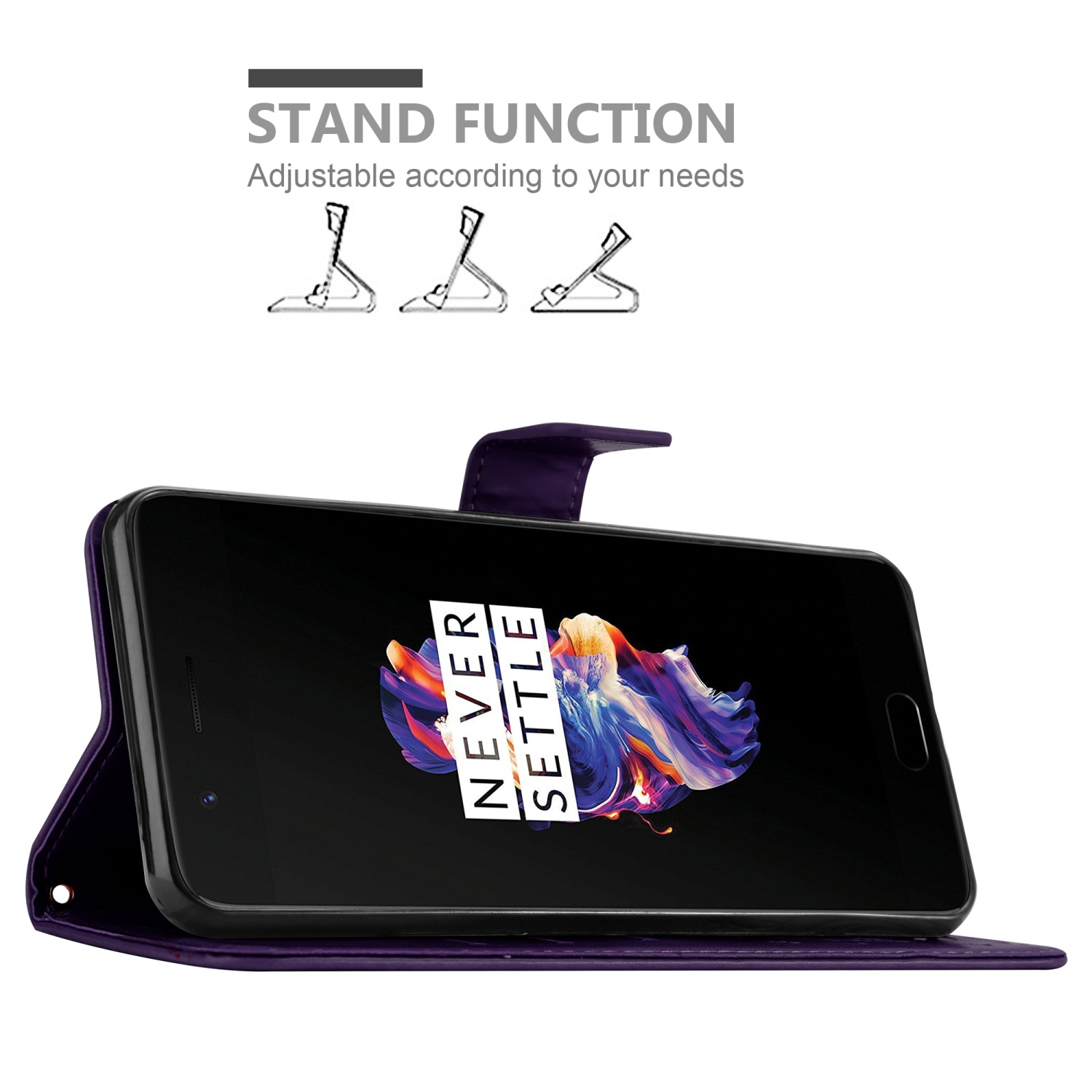 Custodia per telefono viola con un telefono che mostra un'immagine astratta colorata. Funzione supporto.