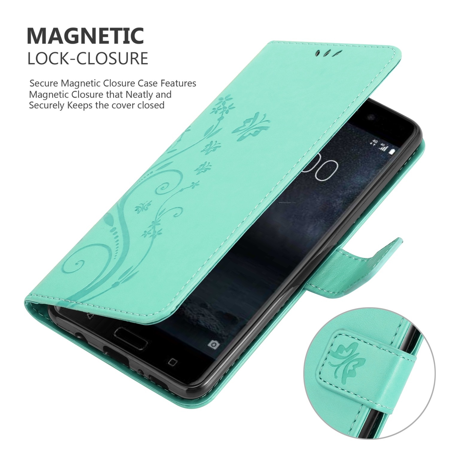 Custodia per telefono verde acqua aperta per rivelare un telefono nero. La custodia ha un design floreale e chiusura magnetica.