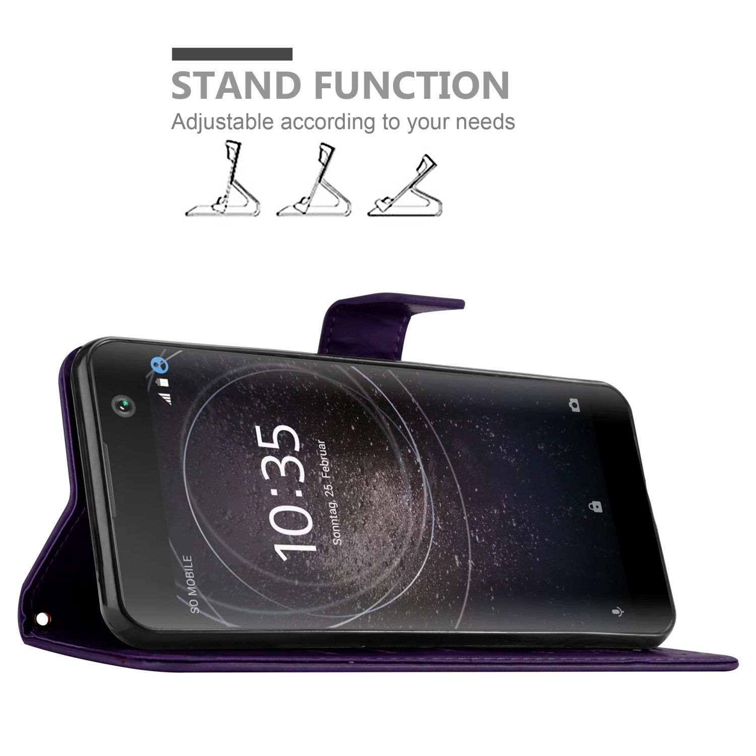 Una custodia per telefono viola con un telefono. Il telefono mostra un orologio e viene mostrata la funzione stand.