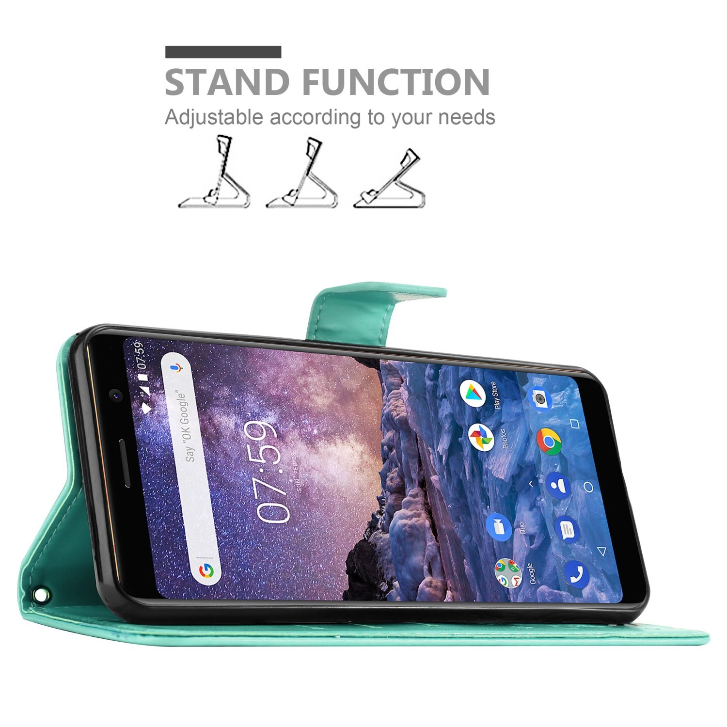 Custodia per telefono verde acqua con telefono che mostra una schermata dell'app. Funzione supporto.