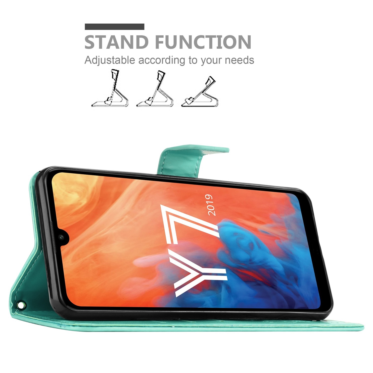 Un téléphone dans un étui vert d'eau, debout. L'écran affiche image et texte : Y7 2019.
