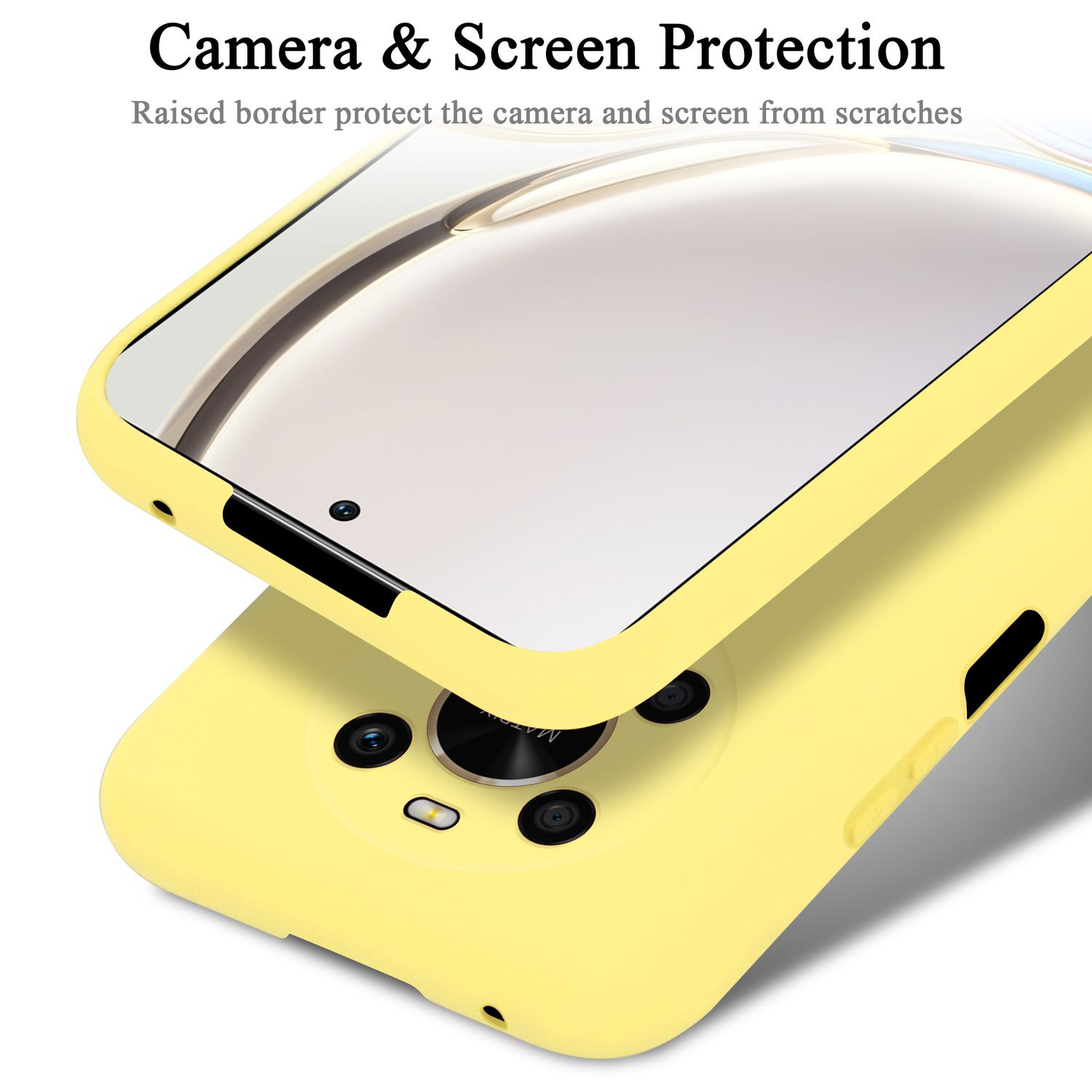 Custodia gialla per telefono con bordo rialzato che protegge le lenti della fotocamera e lo schermo.