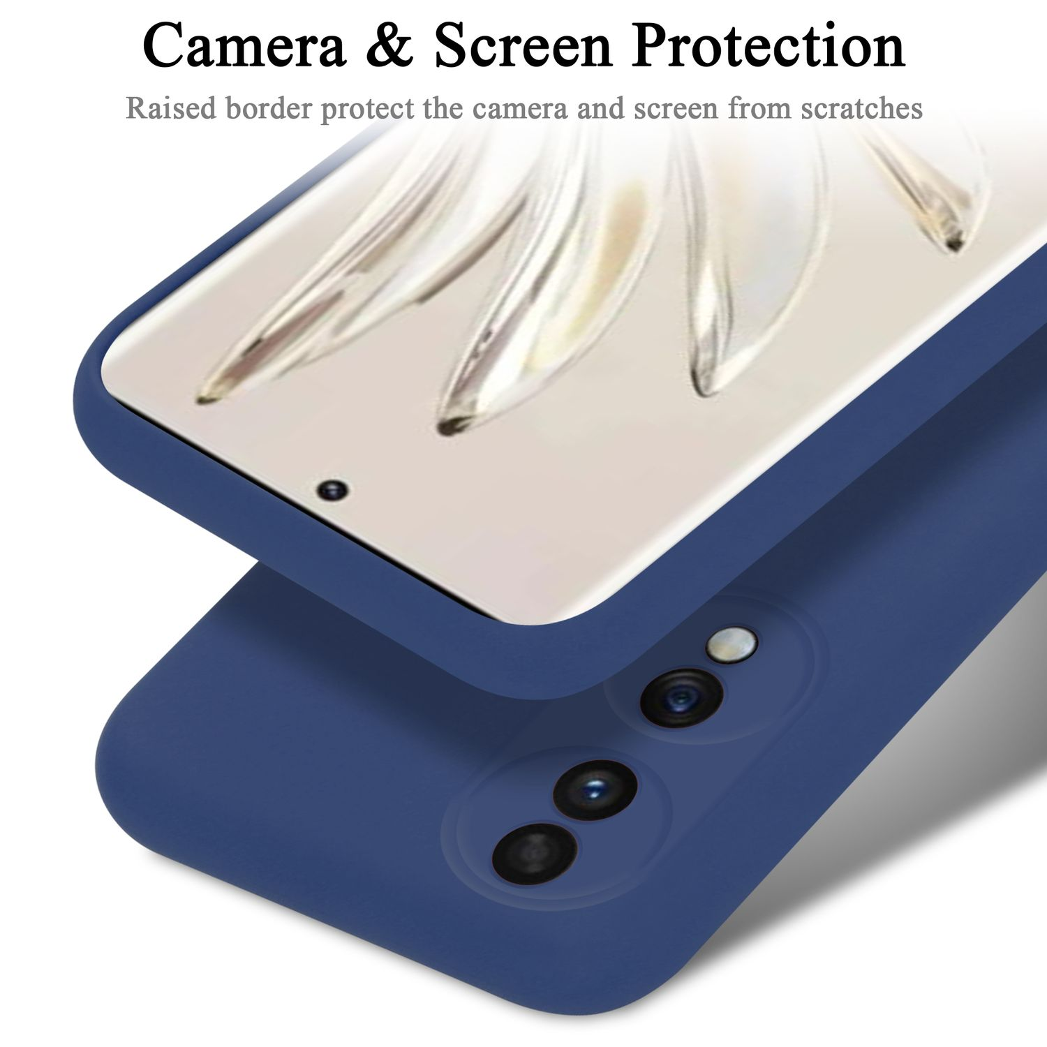 Eine blaue Handyhülle mit einem Telefon darin. Das Telefon ist durch die Hülle sichtbar.