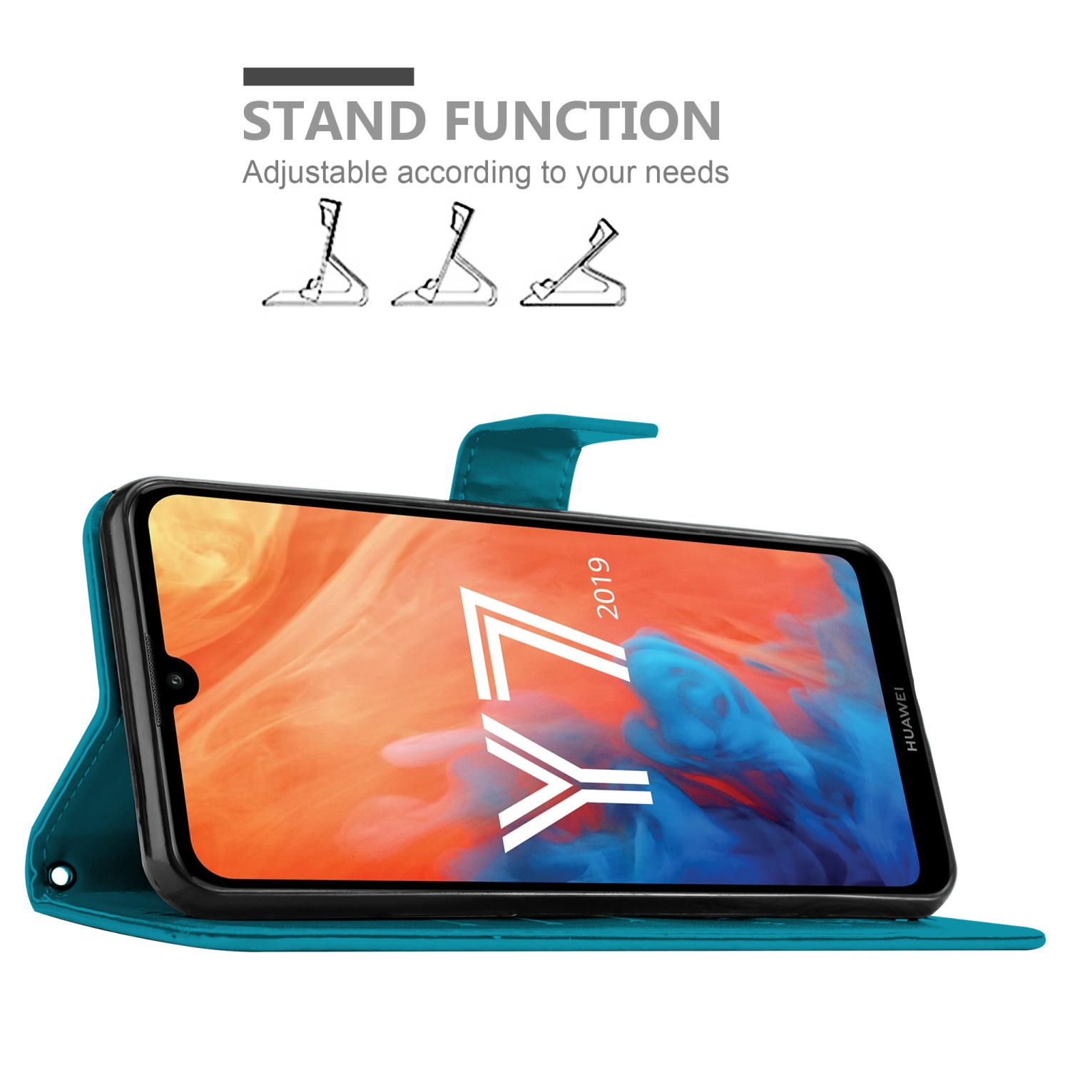 Un étui de téléphone sarcelle avec un téléphone affichant une interface.