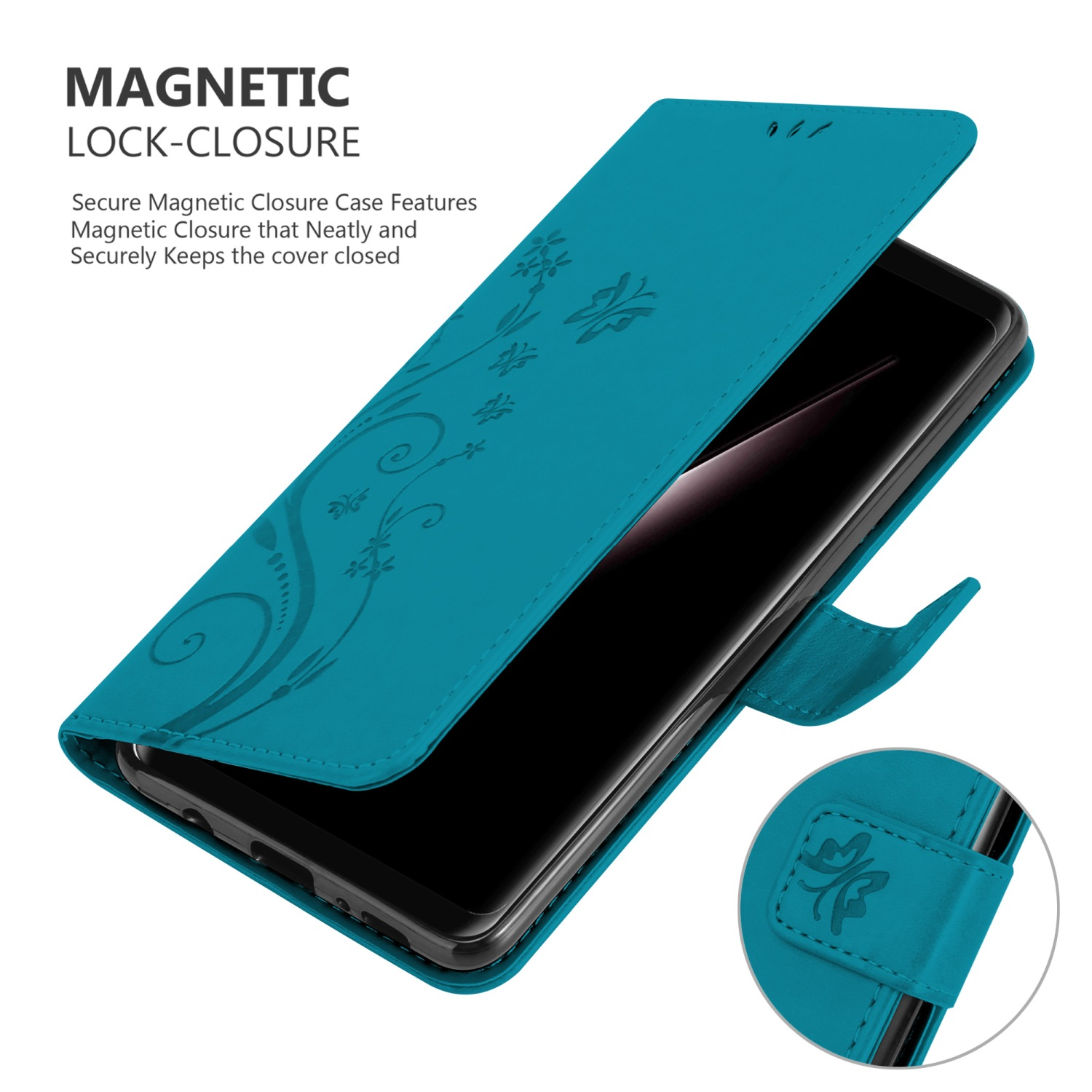 Türkisfarbene Handyhülle mit floralem Design und Magnetverschluss. Die Hülle ist geöffnet und zeigt das Handy.