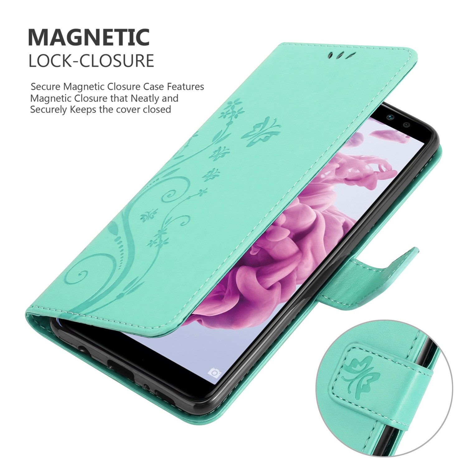 Eine grüne Handyhülle mit floralem Design, geöffnet, um das Telefon zu zeigen.