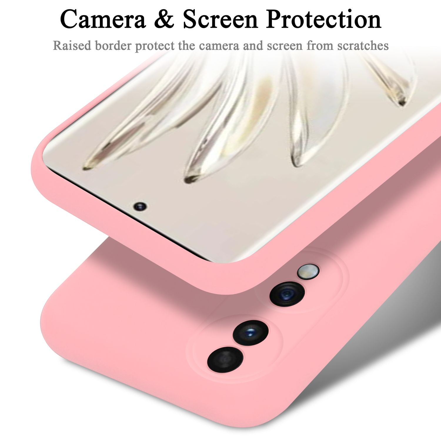 Pinke Handyhülle mit Telefon. Die Hülle zeigt Kameralinsen.