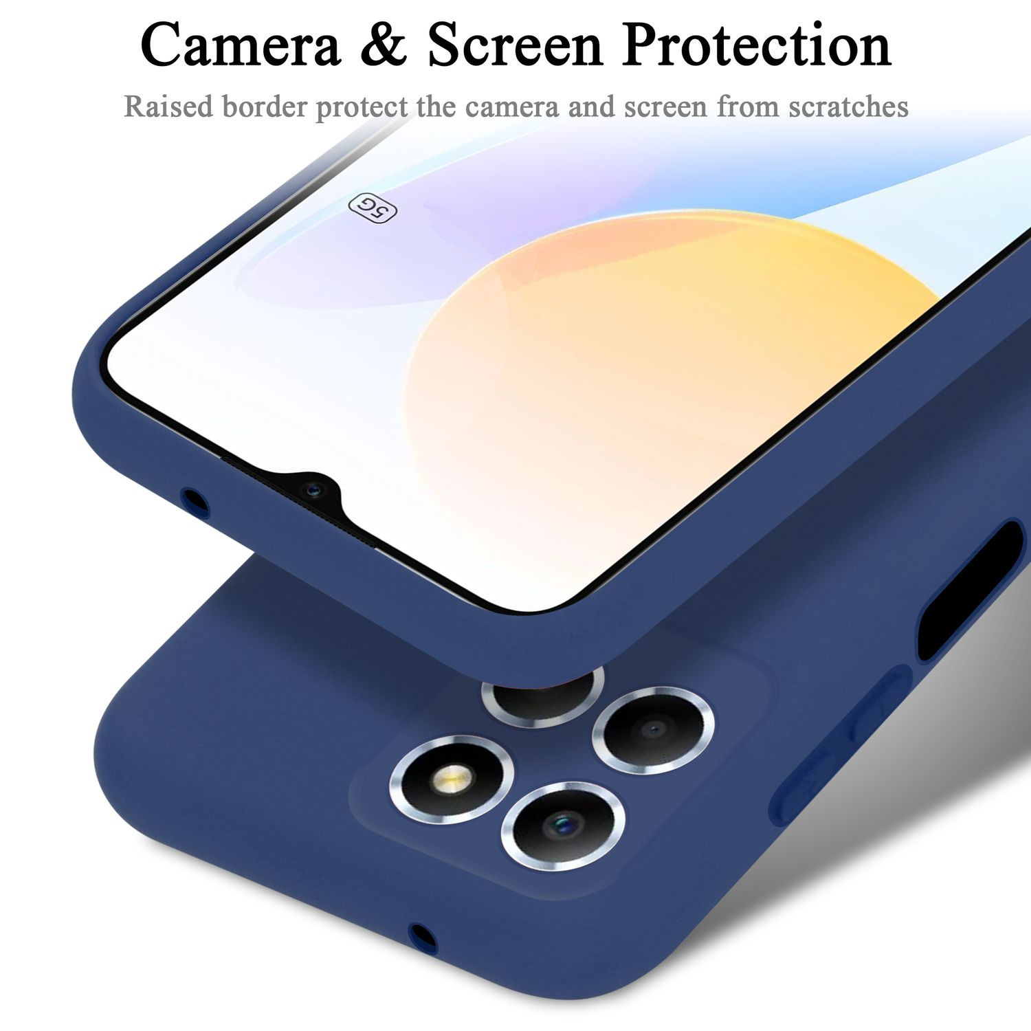 Blaue Handyhülle mit Schutz für Kamera und Bildschirm. Telefon ist sichtbar.