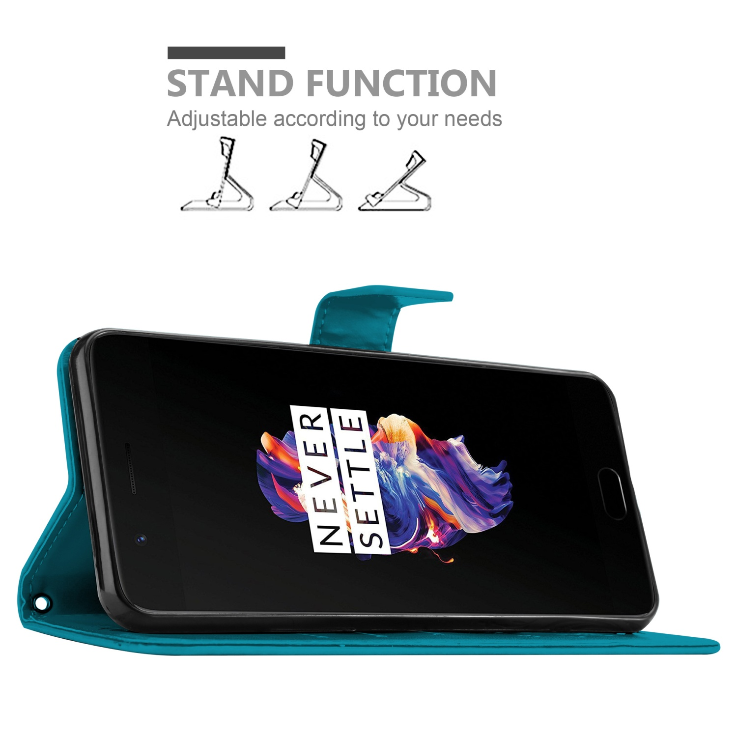 Custodia teal con telefono, grafica bianca. Testo: NEVER SETTLE.
