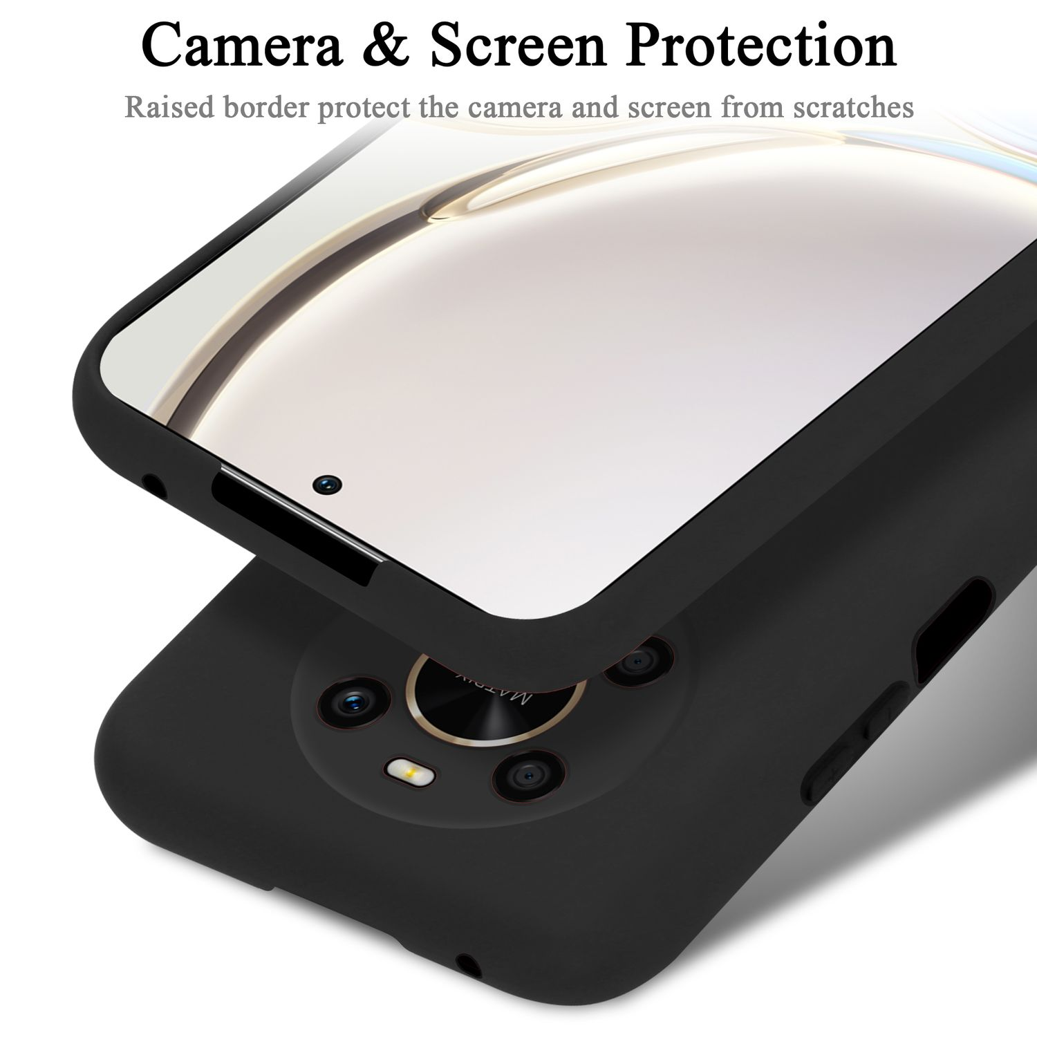 Custodia per telefono nera, protezione della fotocamera e dello schermo mostrata. La custodia è aperta.
