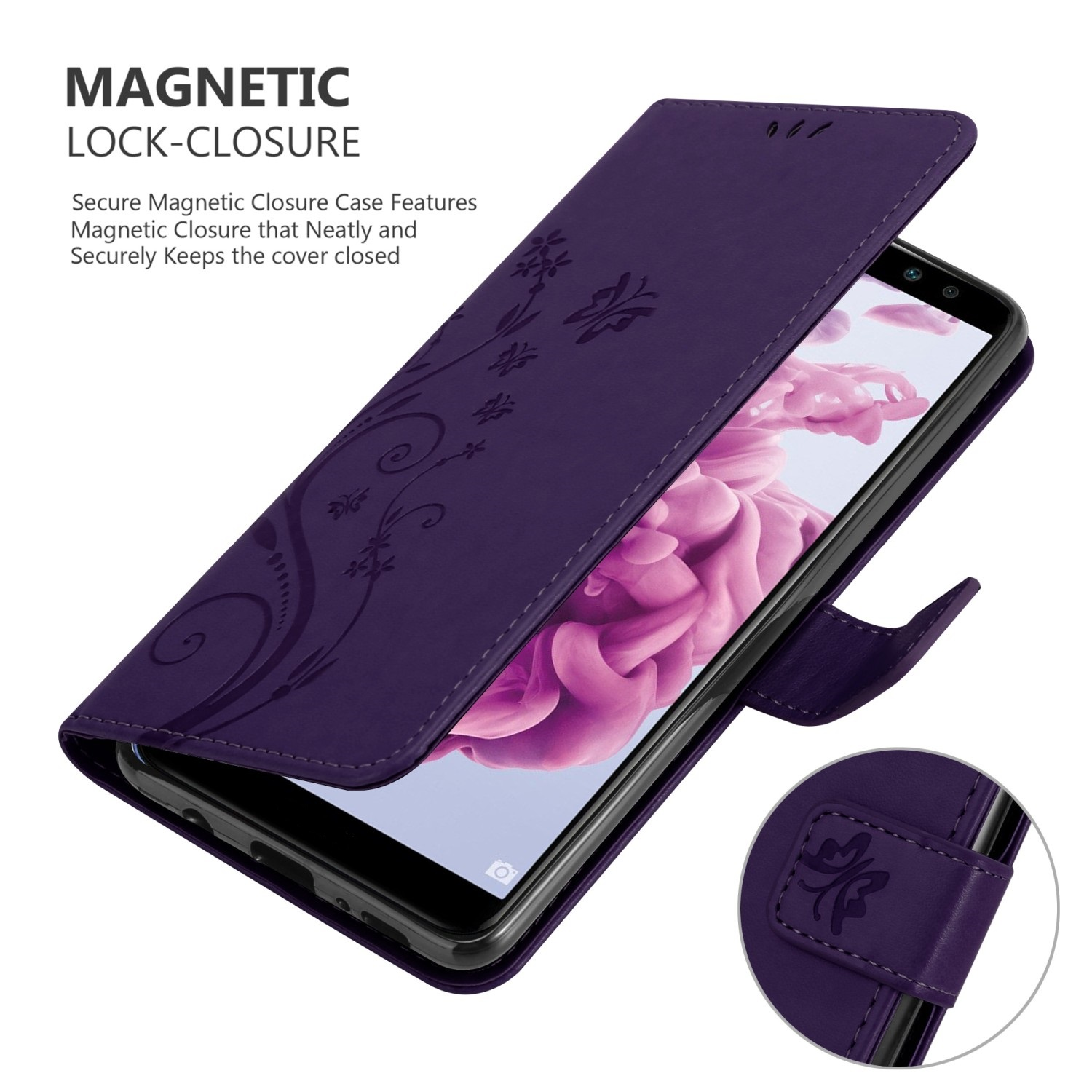 Coque de téléphone violette ouverte, avec téléphone à l'intérieur. Design floral et fermeture magnétique.