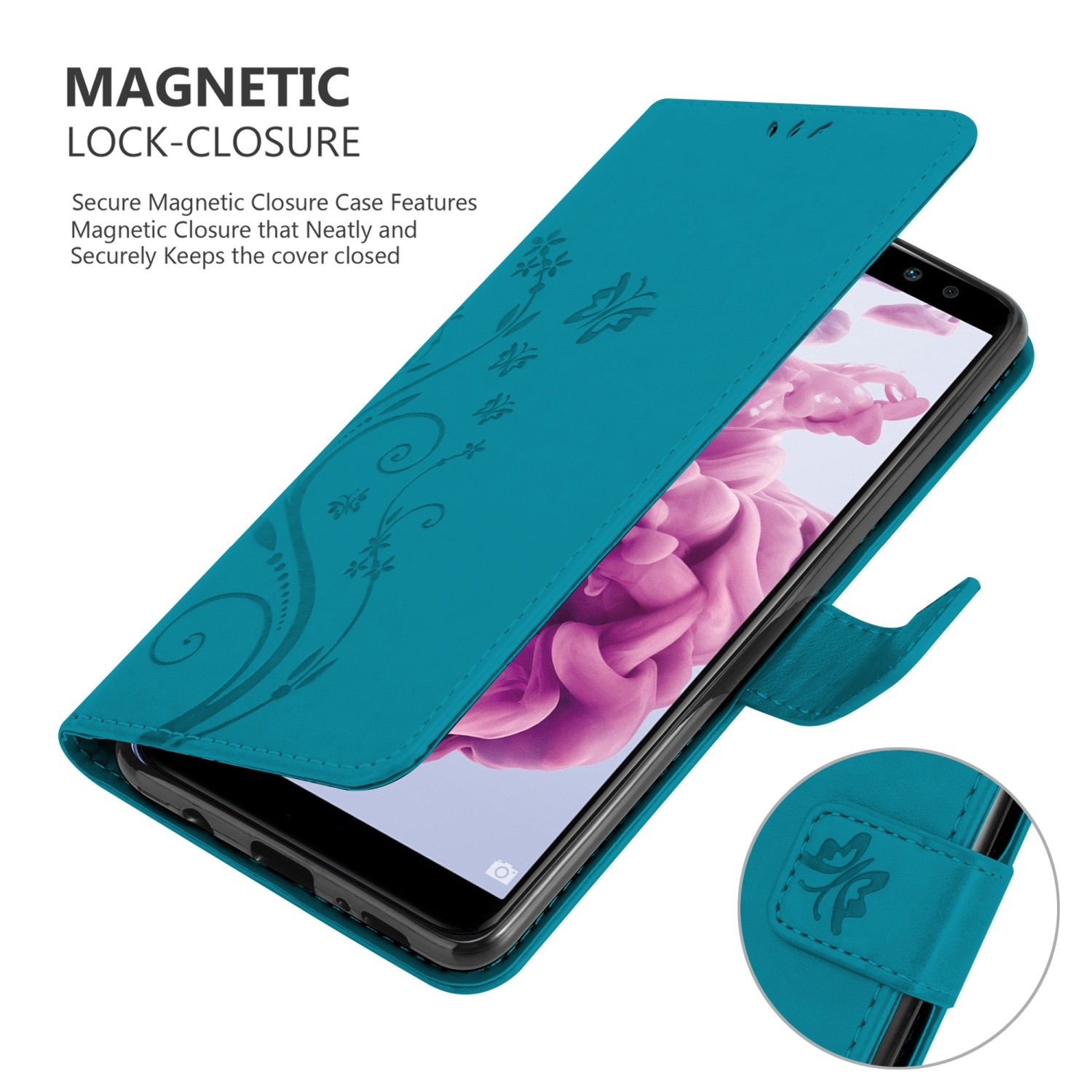 Coque de téléphone turquoise ouverte, montrant un téléphone avec motif floral, fermeture magnétique et texte 'MAGNETIC LOCK-CLOSURE'.
