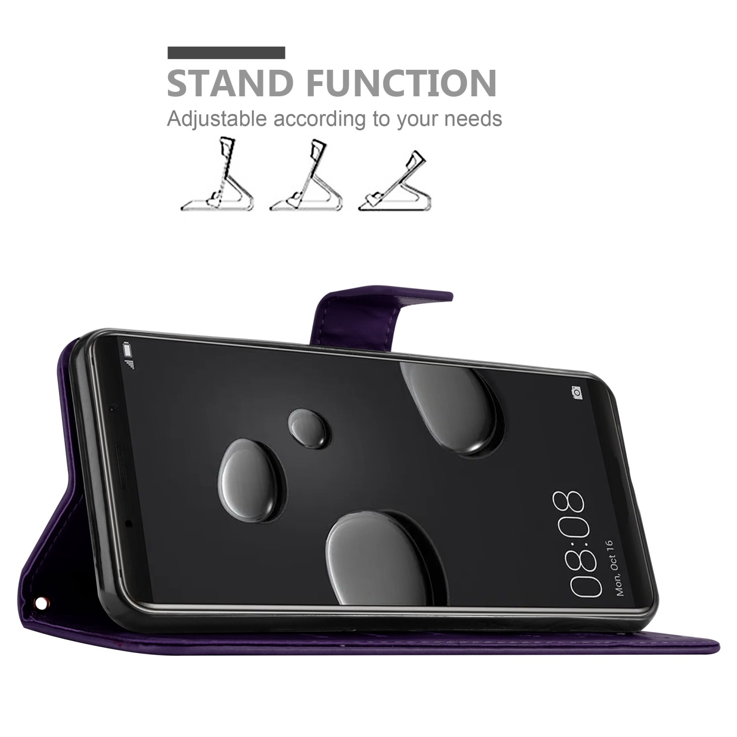 Lila Handyhülle mit Telefon, das die Uhrzeit anzeigt. Standfunktion-Diagramme gezeigt.