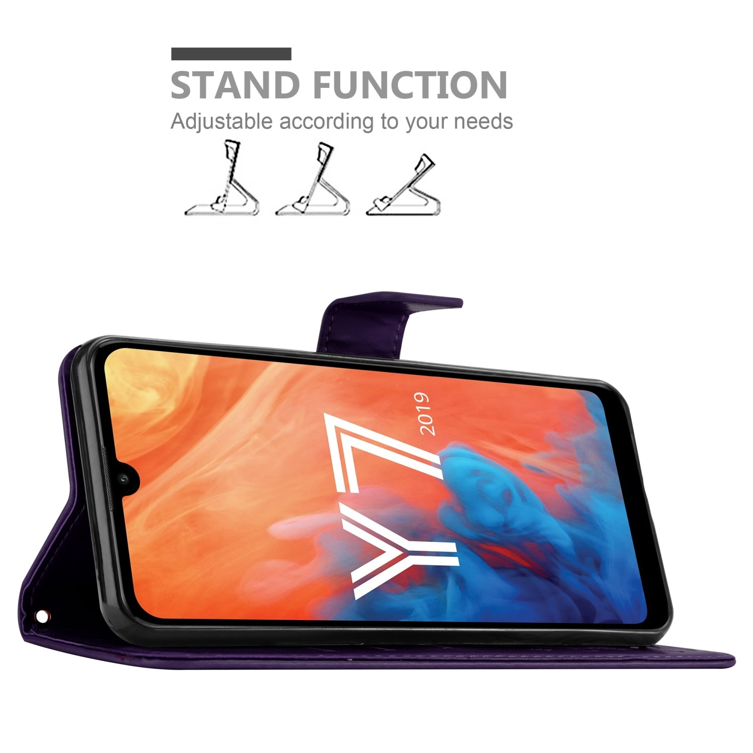 Eine lila Handyhülle mit einem Handy darin. Zeigt ein Telefon mit Standfunktion.