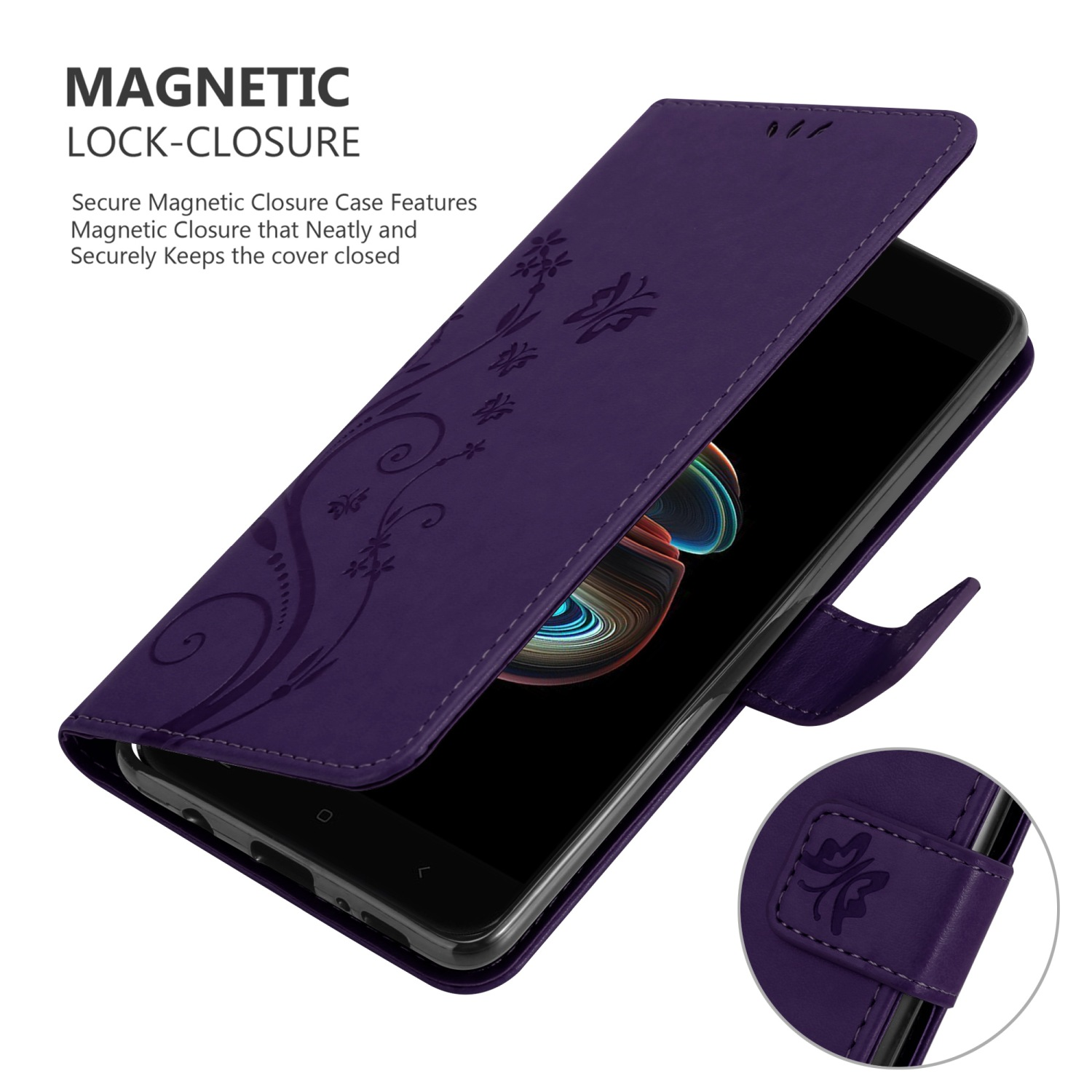 Custodia per telefono viola con design floreale, aperta che mostra un telefono. Etichetta di chiusura magnetica.