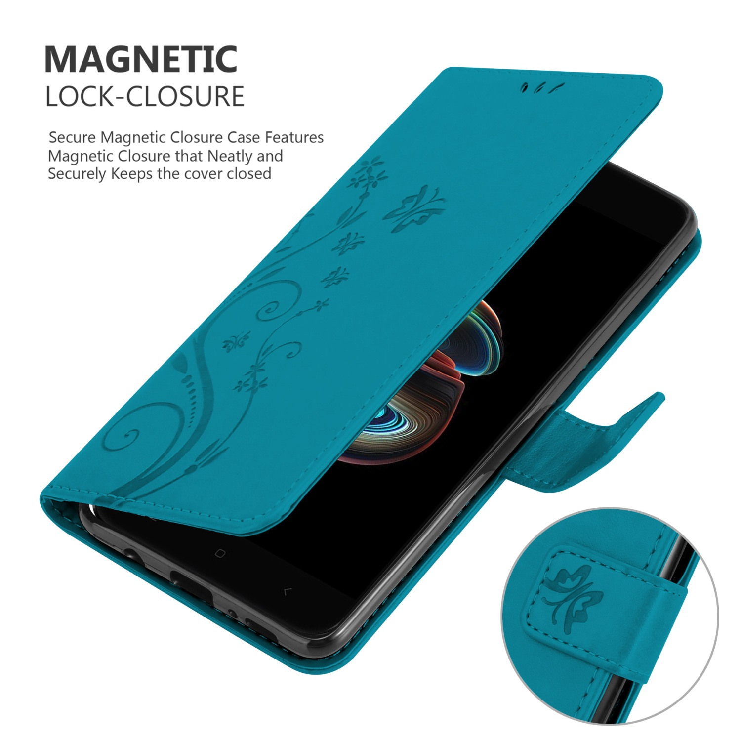 Custodia teal con coperchio aperto, decorata con motivi floreali e un telefono all'interno.