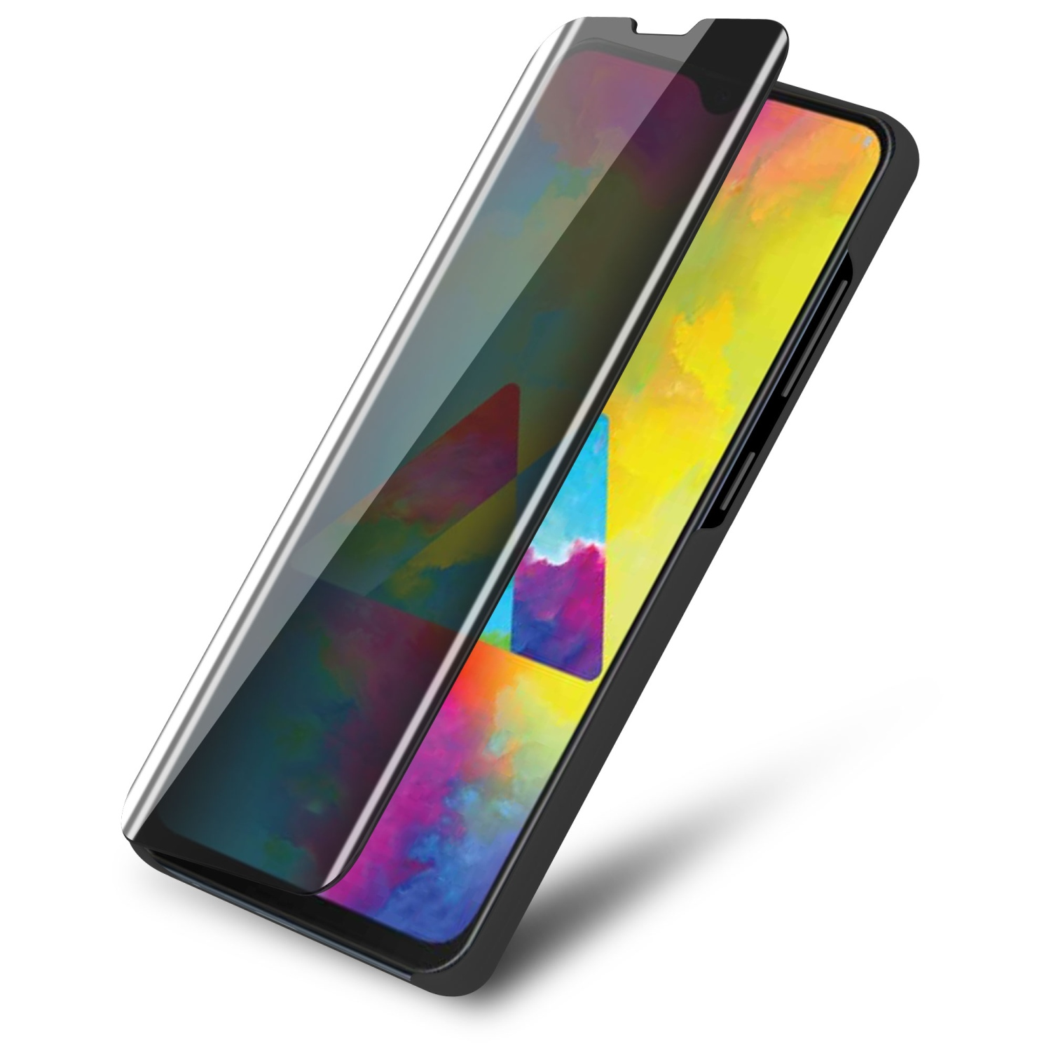 Telefon mit aufgebrachter Displayschutzfolie. Bunter Hintergrund.