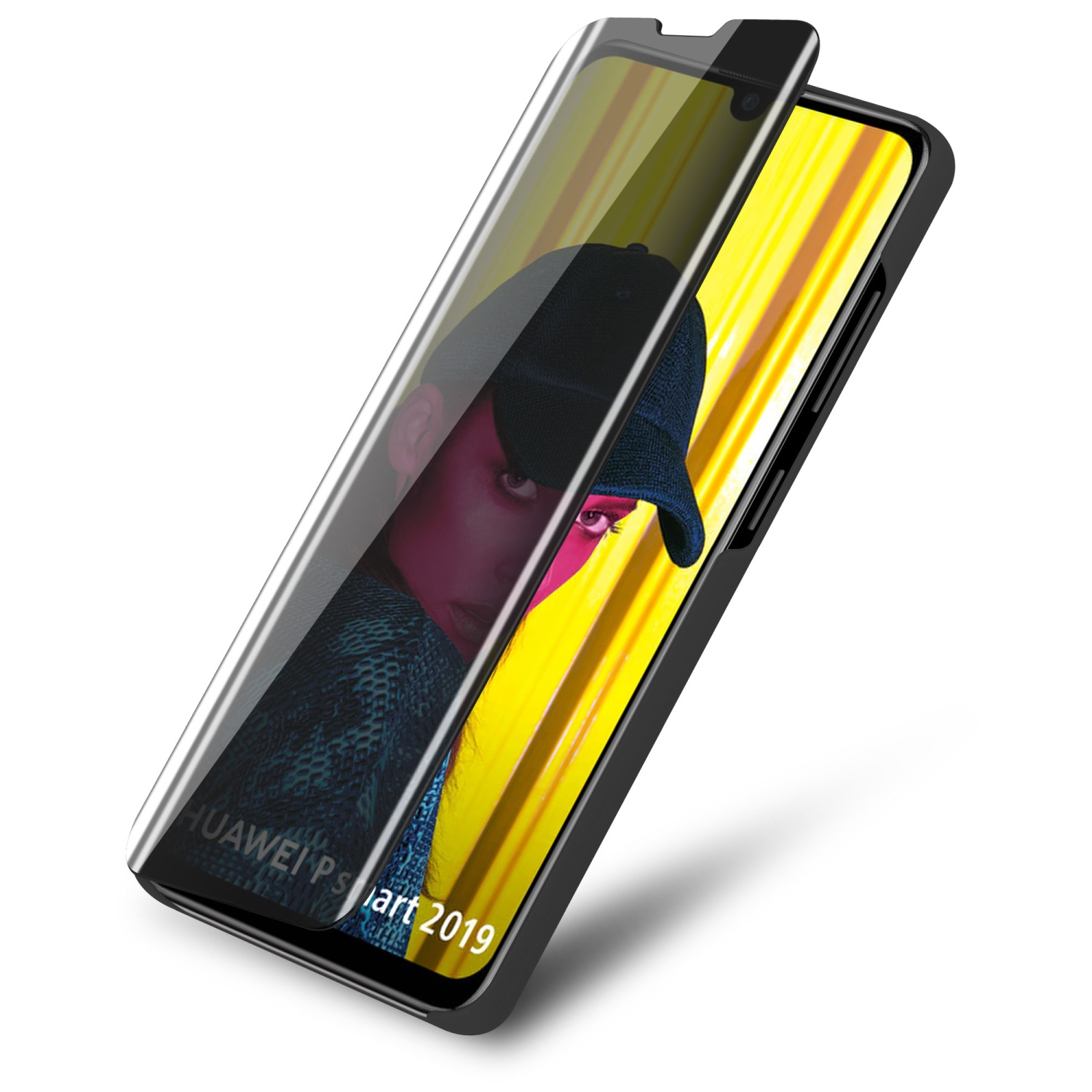 Telefono con protezione dello schermo applicata. Il telefono mostra uno sfondo giallo con un volto.