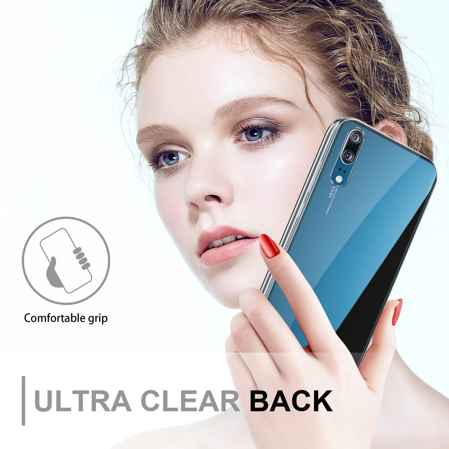 Una donna che tiene una custodia trasparente per telefono con un retro ultra trasparente.