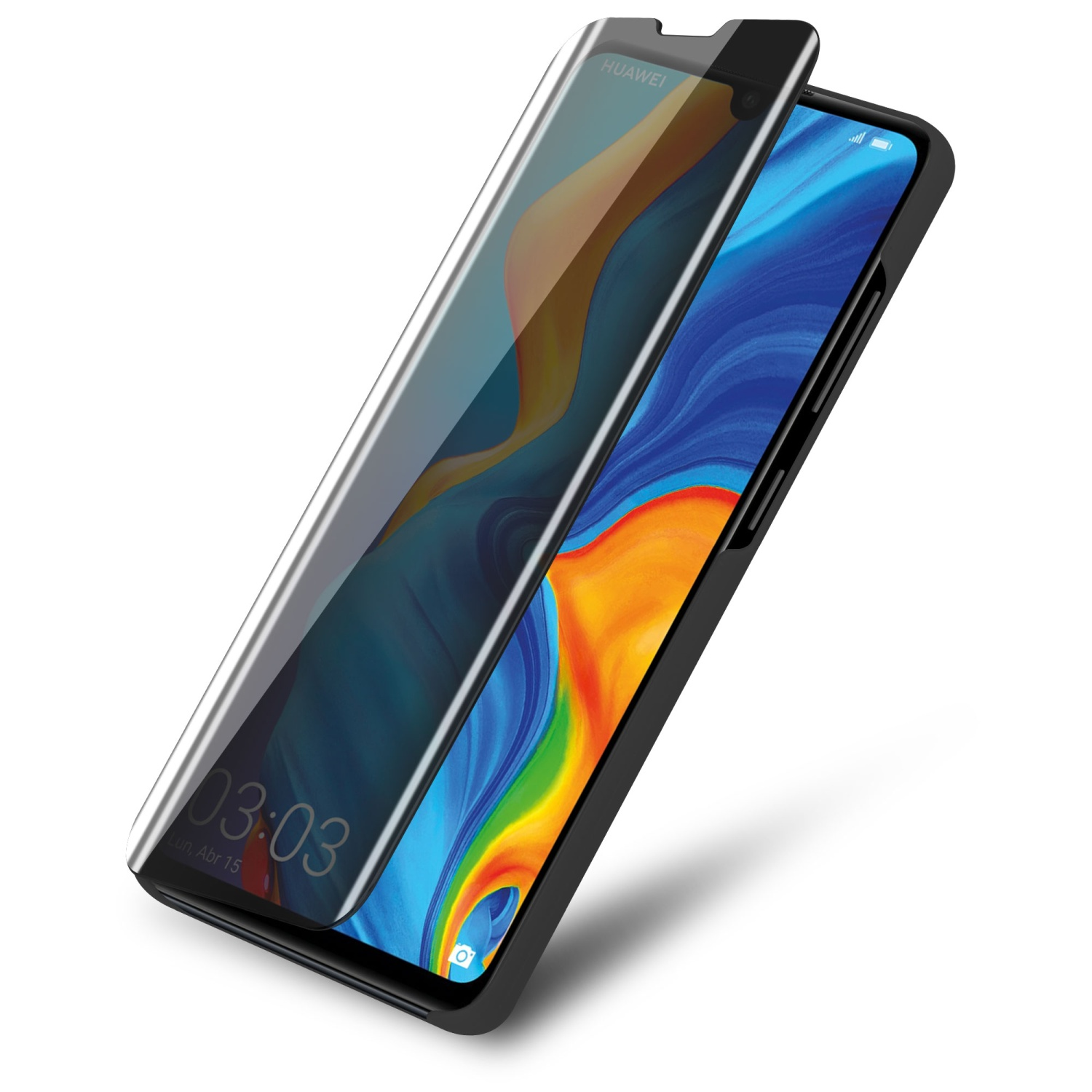 Ein Telefon mit angebrachtem Displayschutz. Der Schutz ist klar und leicht getönt, zeigt das Huawei-Logo.