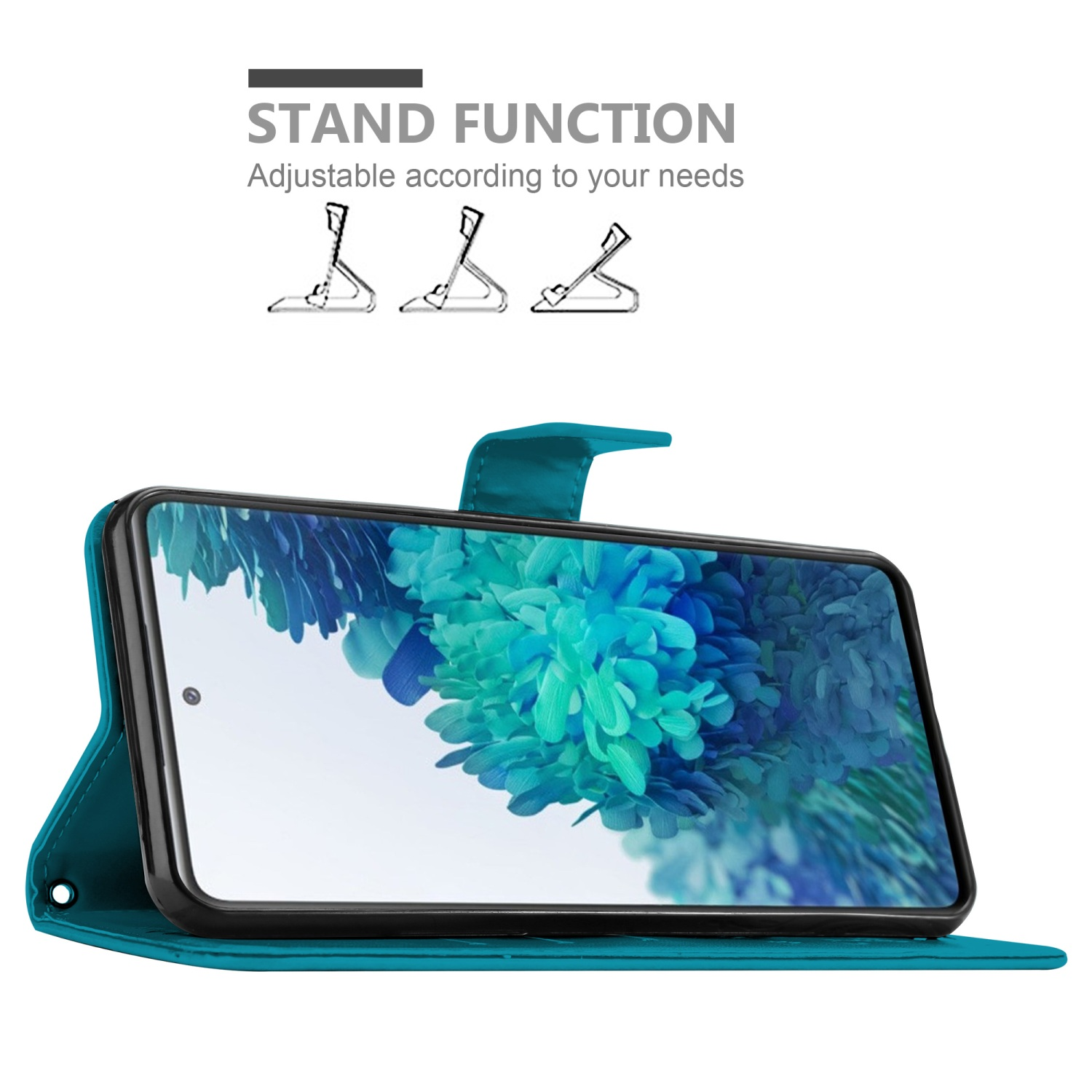Türkisfarbene Handyhülle mit Telefon. Text lautet Standfunktion.