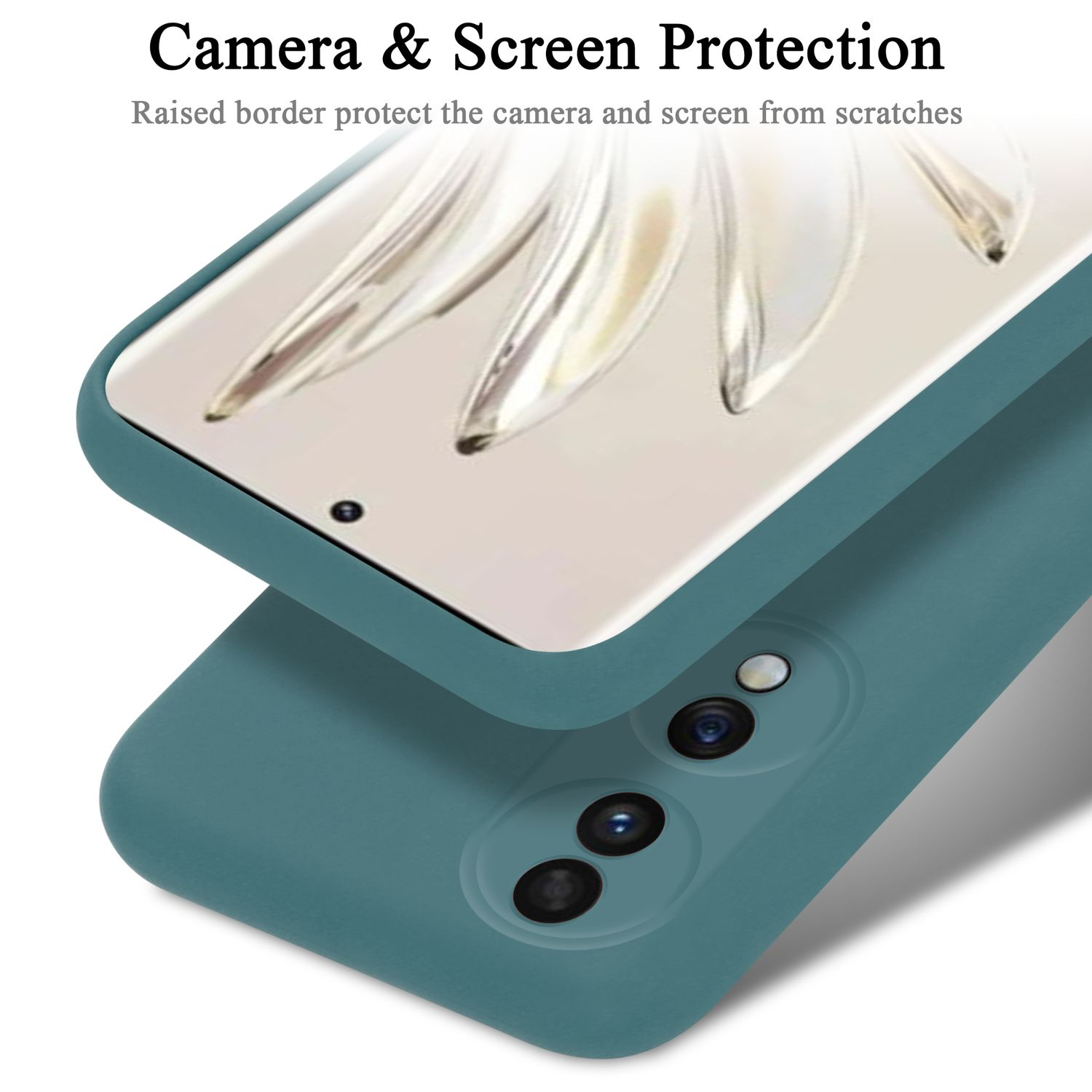 Eine Telefonhülle ist geöffnet und zeigt das Telefon und seine Kamera. Der Satz 'Camera & Screen Protection' steht oben.