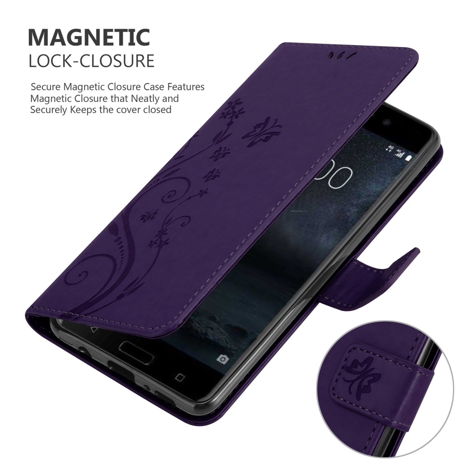 Una custodia per telefono viola con un telefono all'interno. Testo: Chiusura magnetica. Design floreale sulla custodia.