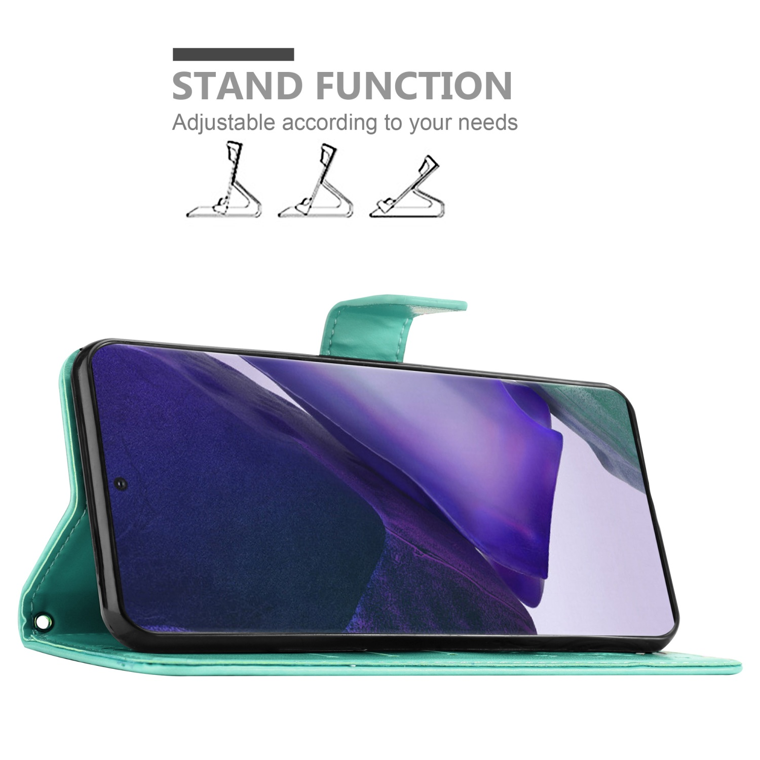 Una custodia per telefono verde acqua con un telefono all'interno. La custodia può essere utilizzata come supporto.