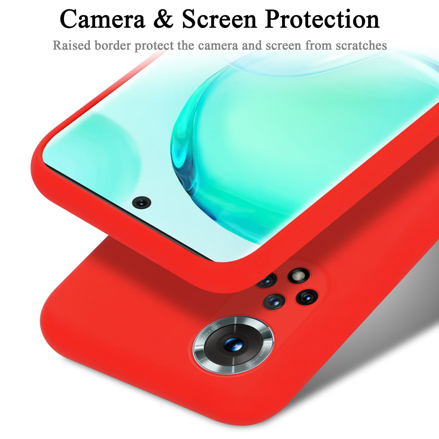 Eine rote Handyhülle mit einem Handy, das Kamera und Bildschirm zeigt.