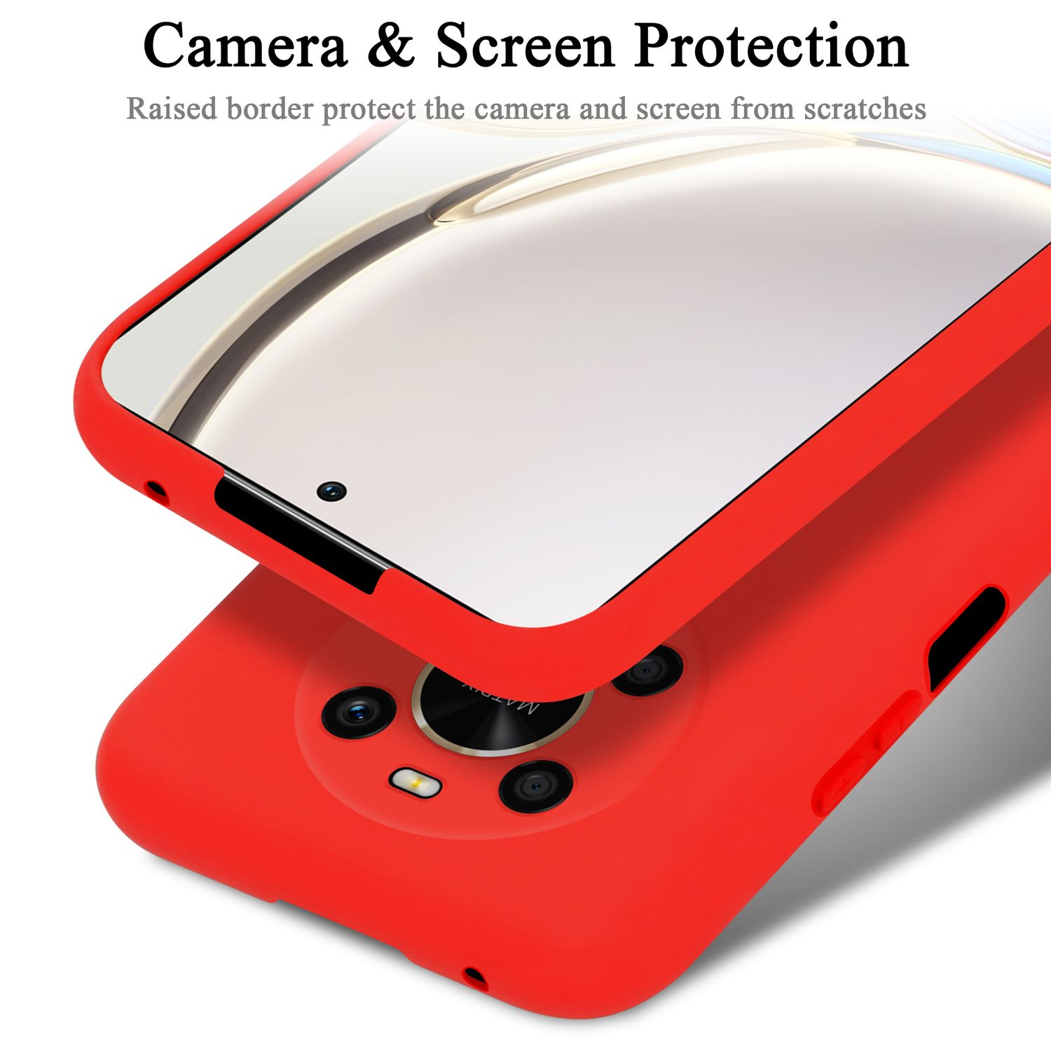 Custodia rossa con telefono dentro. Custodia protettiva con bordi rialzati. Protezione fotocamera e schermo.
